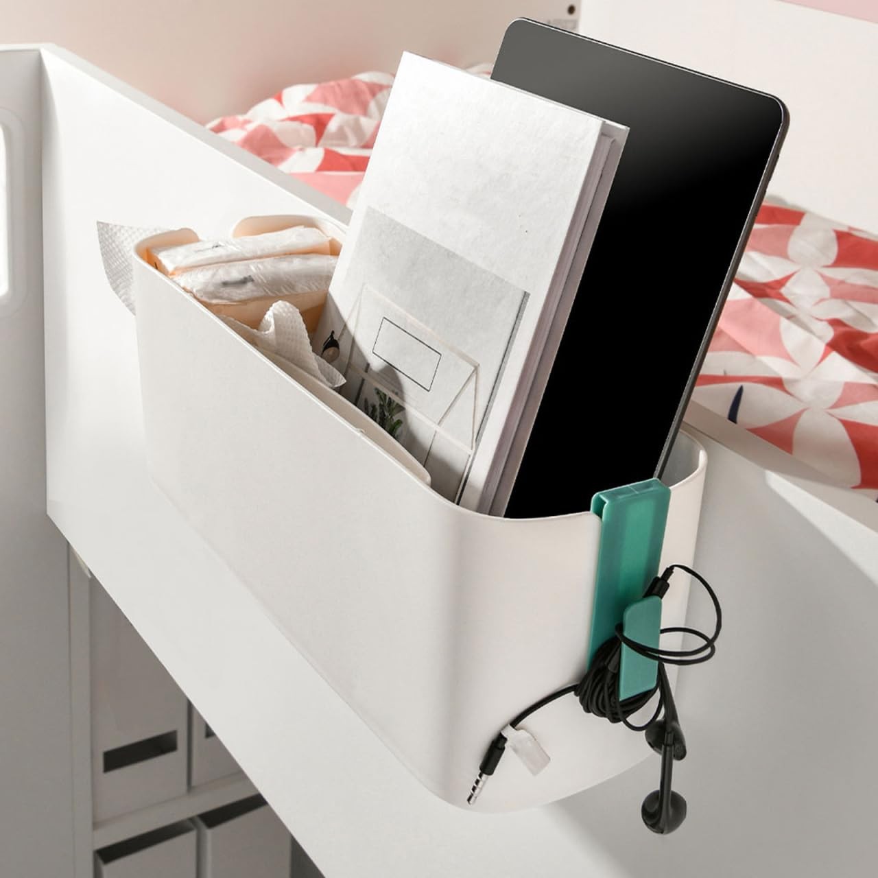 Bedside Caddy for Dorm Bed, Plastic Bedside Hanging Organizer with Side Hooks...