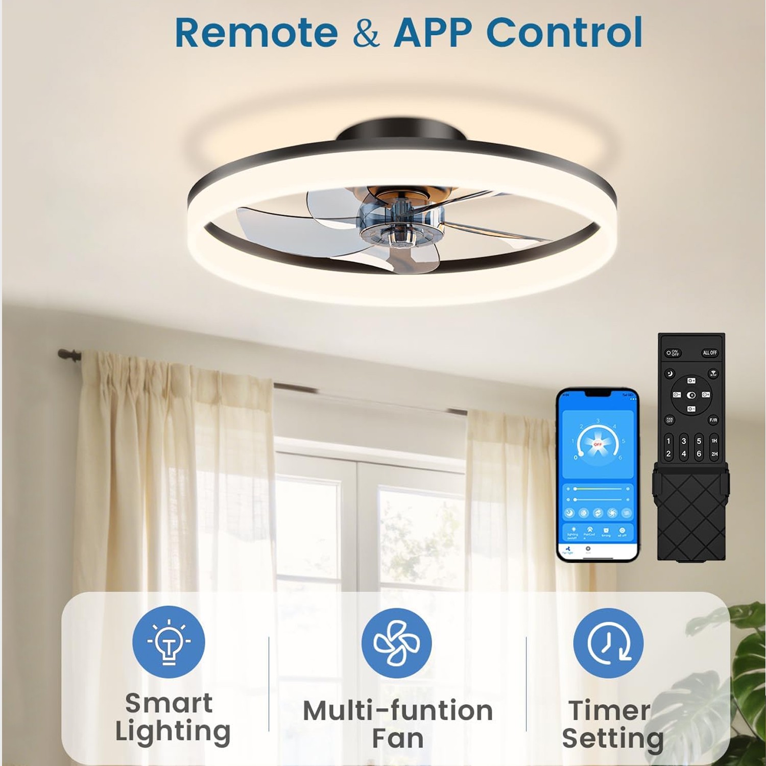 20" Modern Fan Lights Flush Mount LED Ceiling Light kit With Remote APP Control