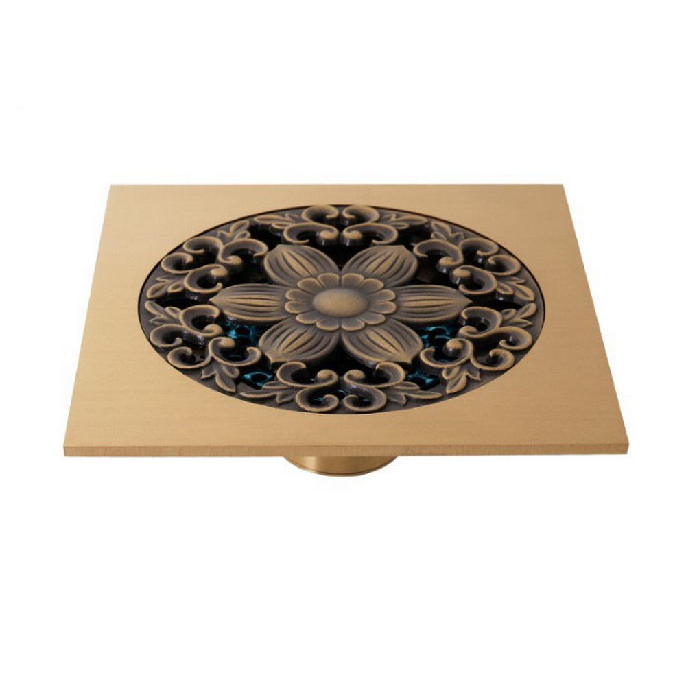 Carved Antique Brass Square Shower Drain Floor Waste Drain Cover Strainer fhr600