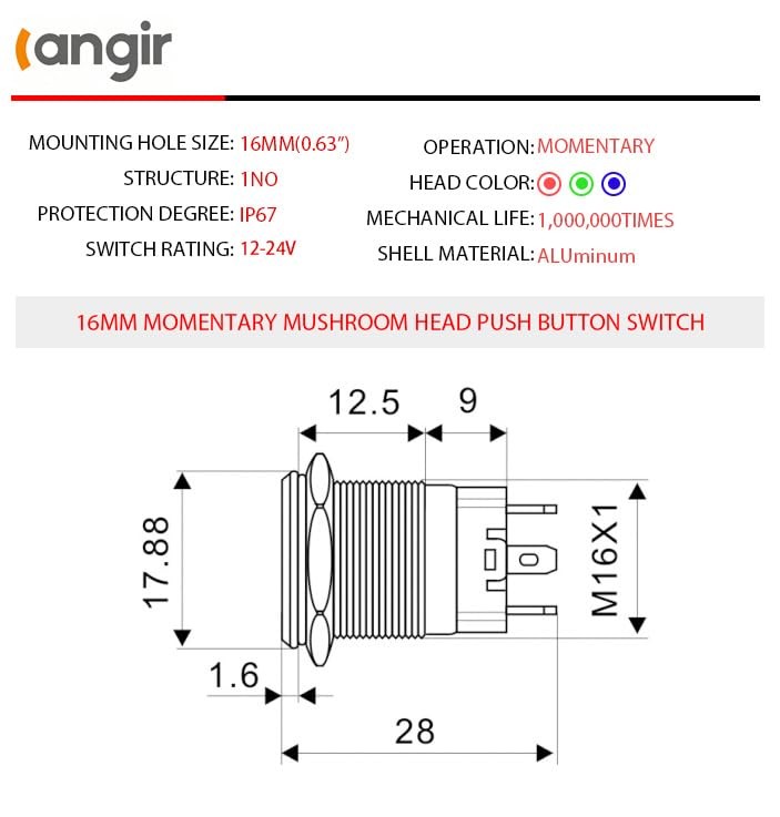 15Amp momentary Push Button Switch，(0.63") 12V-24V Push Button Switch 16mm Red