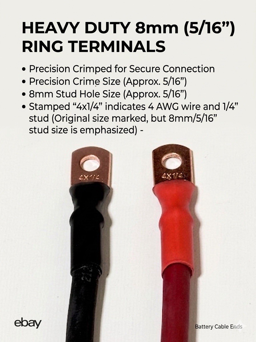 4 AWG Pure Copper Battery Cables, 5/16" (8mm) Lugs for RV Marine Solar Trailer ￼