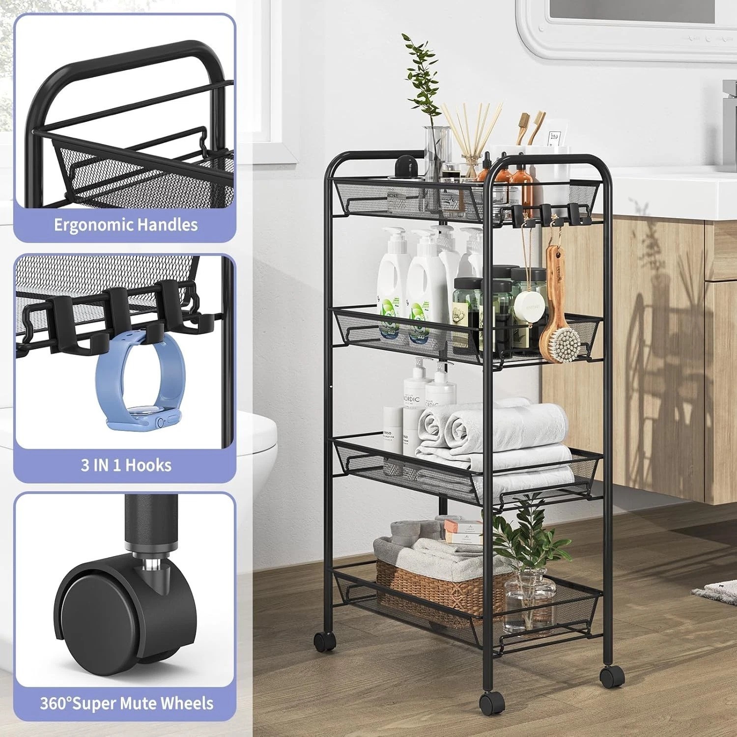 Compact 4-Tier Metal Utility Cart with 3 Hooks – Effortless Assembly & Mobility