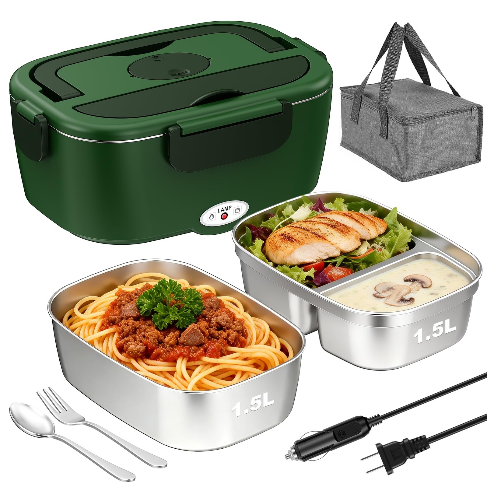 Genasmil 80W Electric Lunch Box Food Warmer for Car/Truck/Office, Green