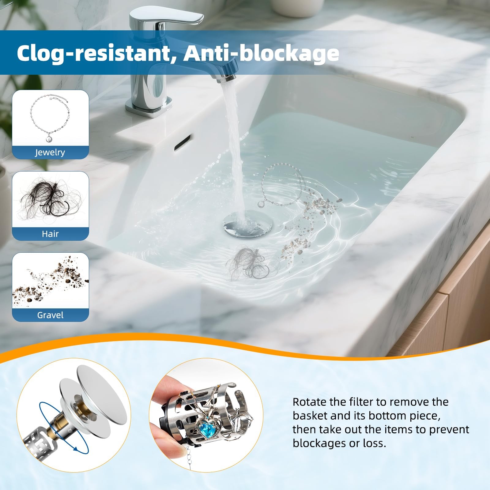 Hibbent Upgraded 3 in 1 Bathroom Sink Drain Strainer, Universal Pop Up Chrome