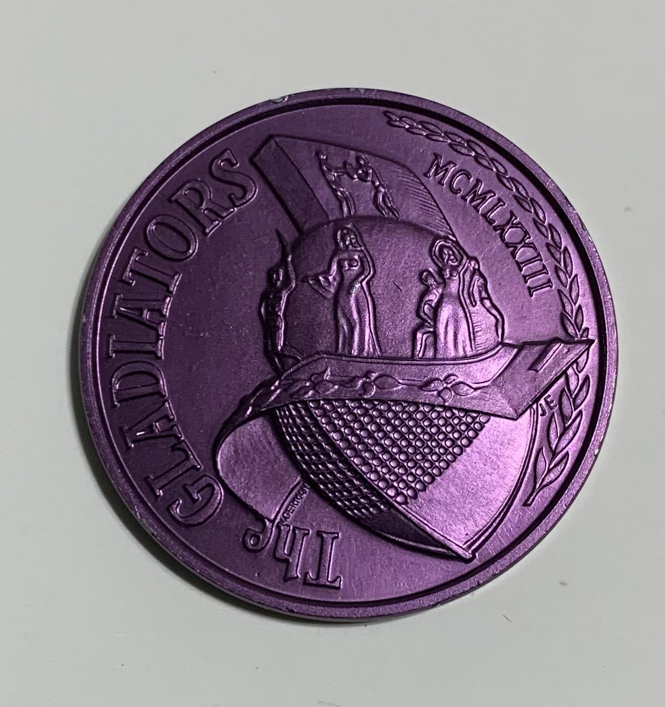 1974 Krewe of GLADIATORS / Then & Now  br purple alum 10g HR Mardi Gras Doubloon