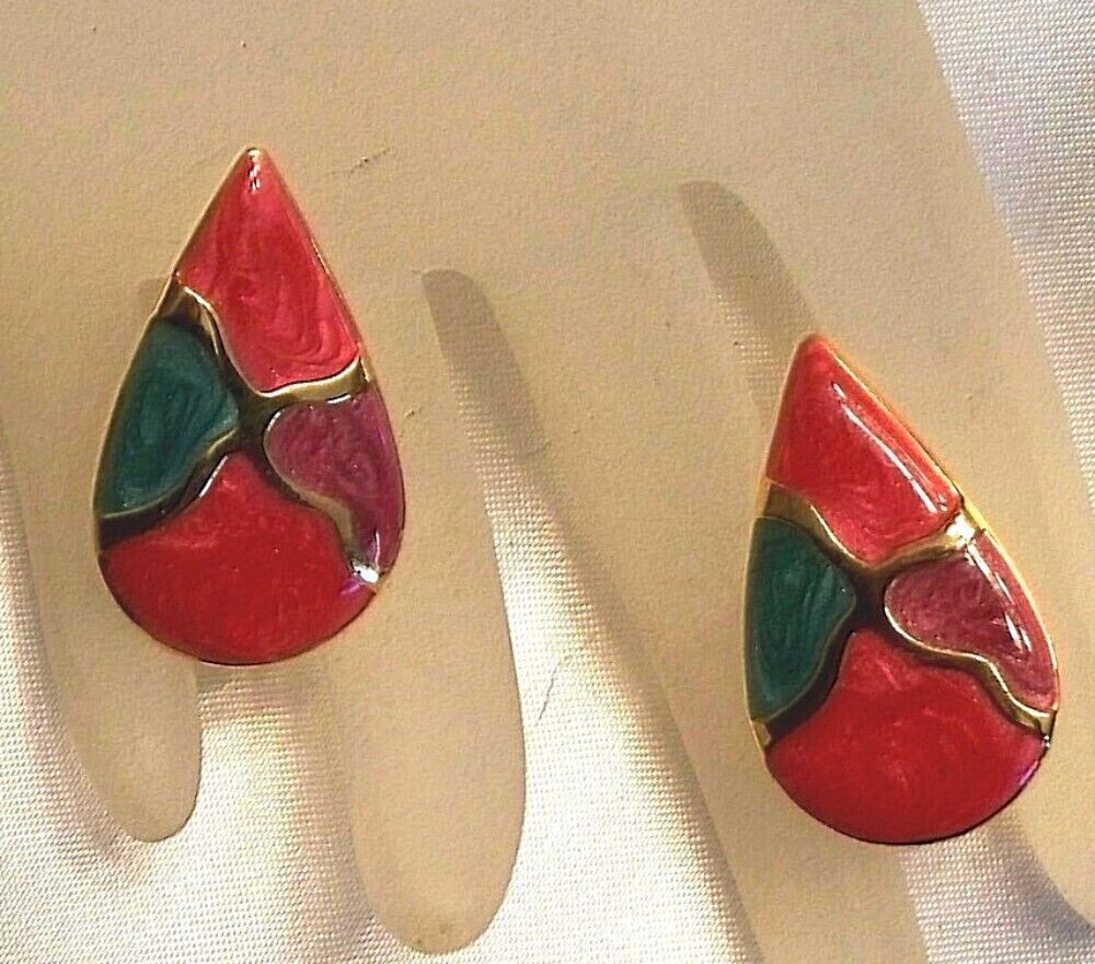 Retro Big Multi Shade Enamel Swirl Teardrop Shaped Clip Earrings L823