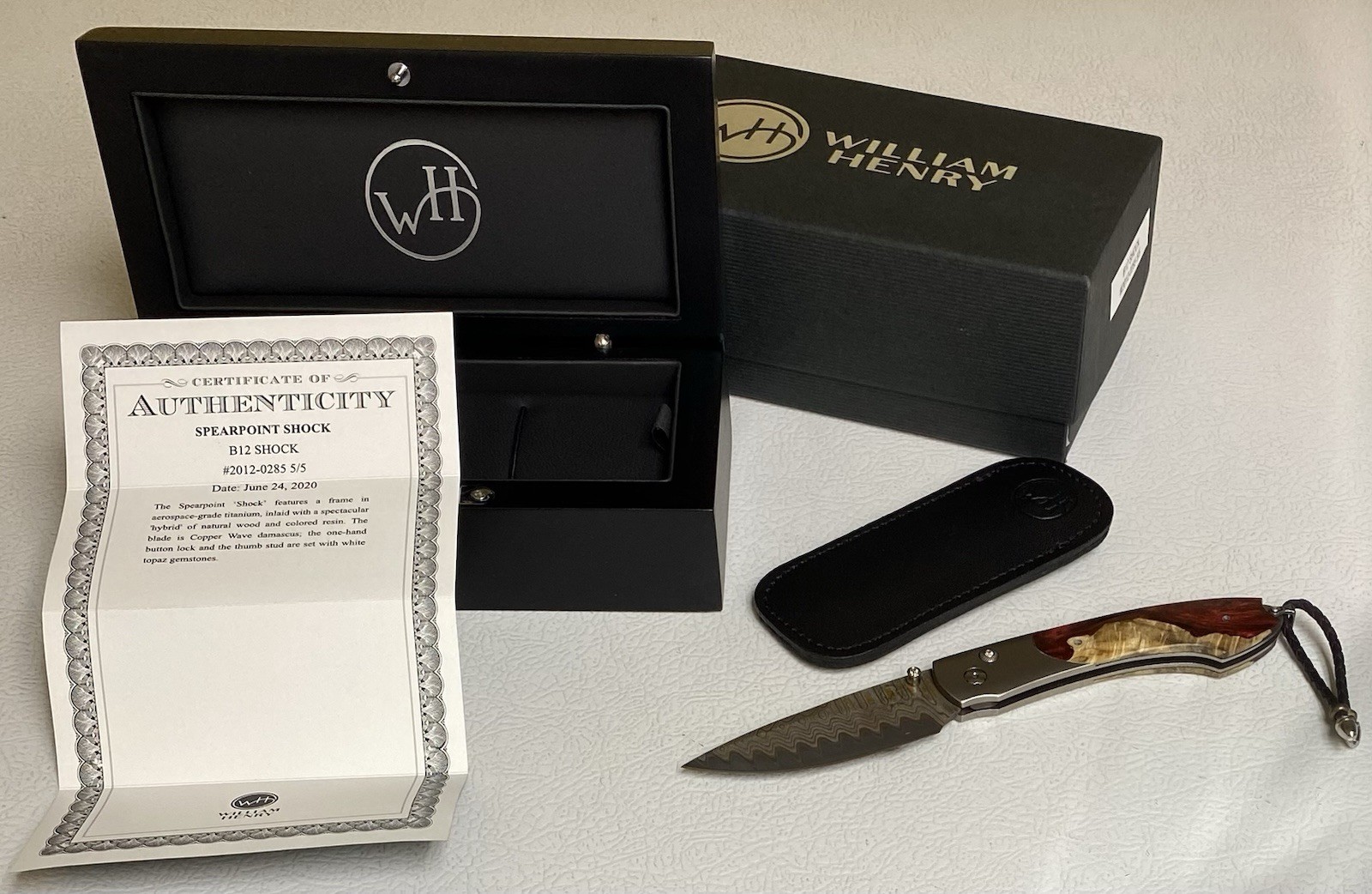 William Henry B12 Shock Knife -6/24/20 Spearpoint Copper Wave Damascus Blade NEW