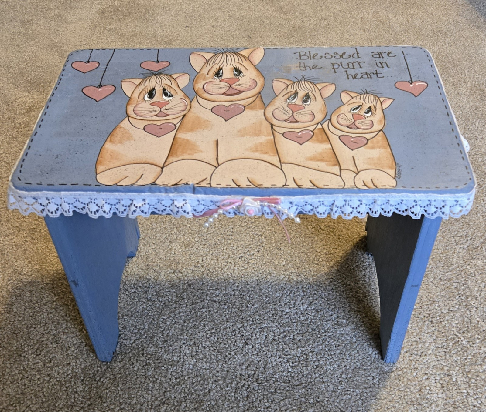 Vintage Painted Wood Bench w/Cats & Hearts "Blessed are the purr in heart..." 🩷