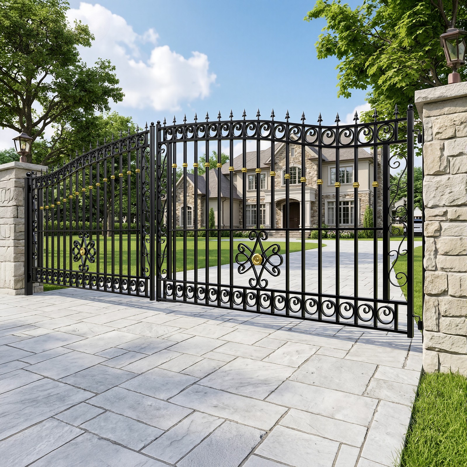 ZUMI 18x6 ft Dual Swing Driveway Gate Steel Arched Top Gate with Scrollwork