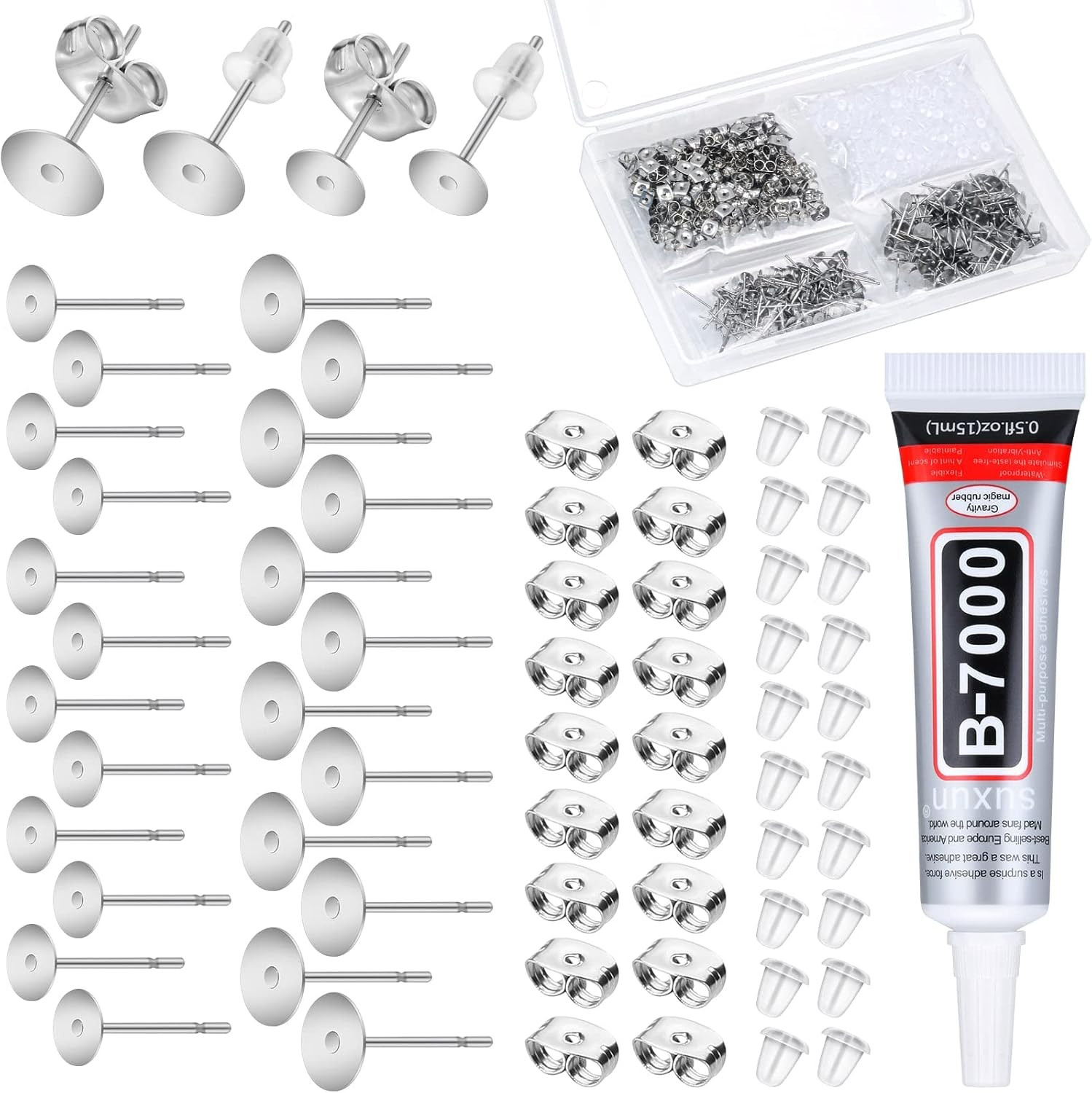 Jewelry Glue with 600Pcs Stainless Steel Earring Posts and Backs - Hypoallergeni