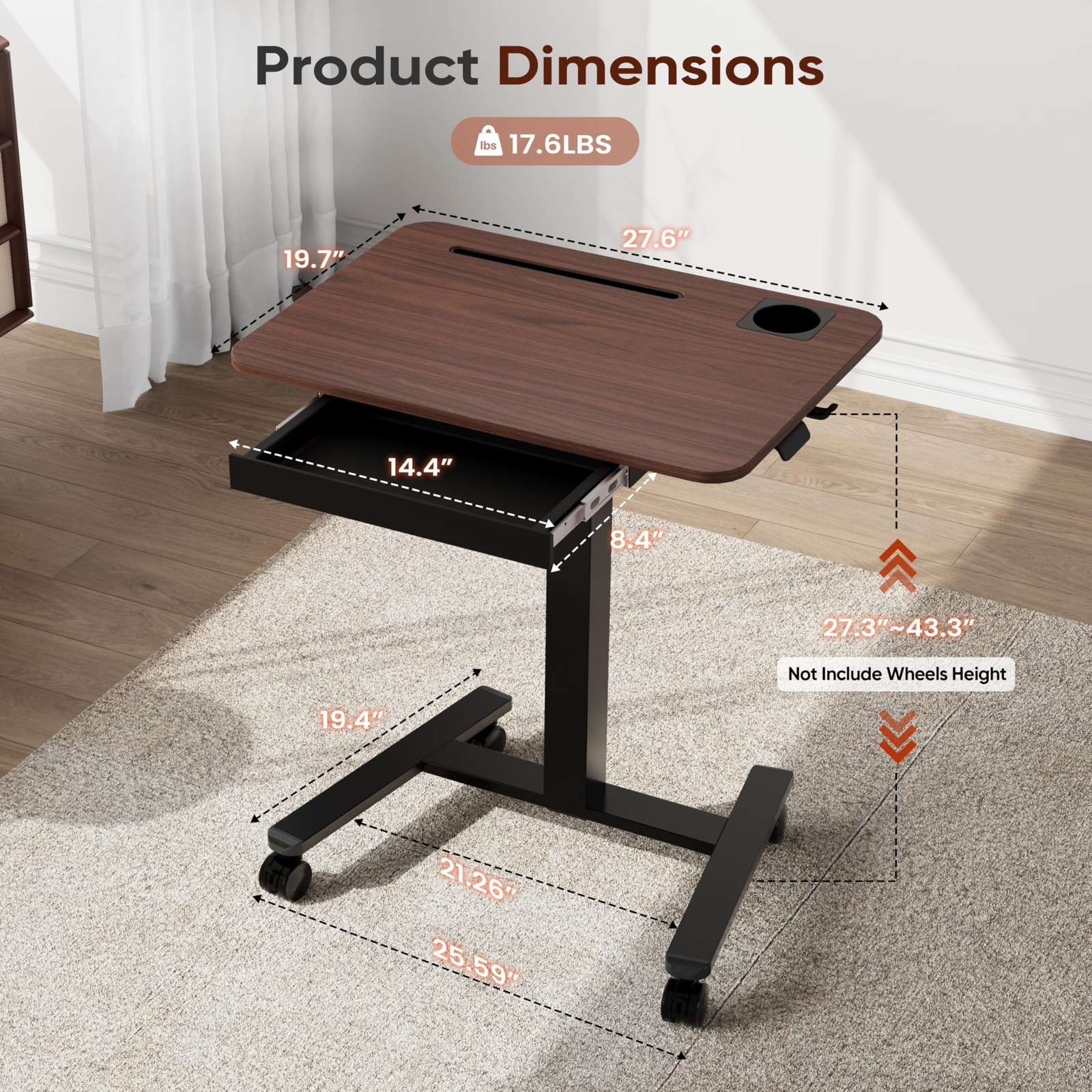 28" Mobile Standing Desk with Drawer,Height Adjustable,Walnut
