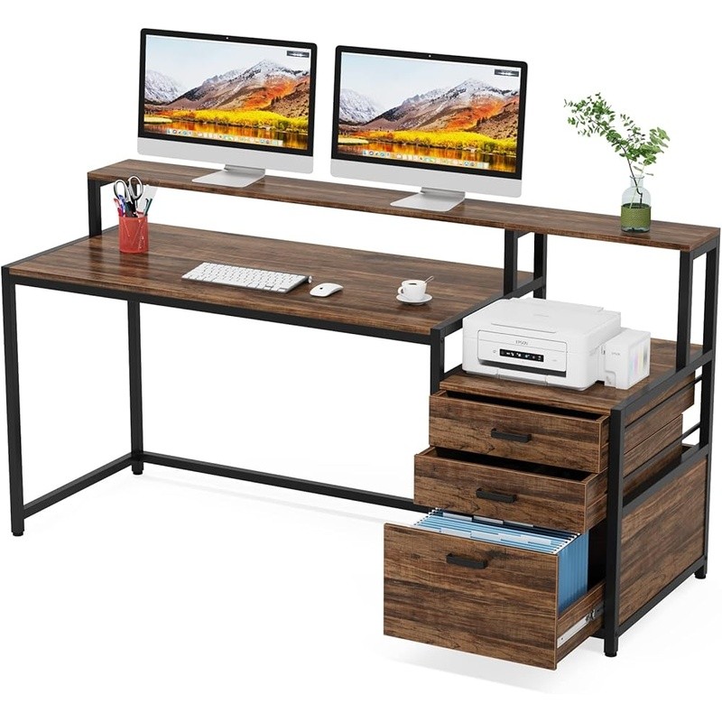 Ergonomic Computer Desk W/ Storage Cabinet Two-Tier Workstation Organizer New