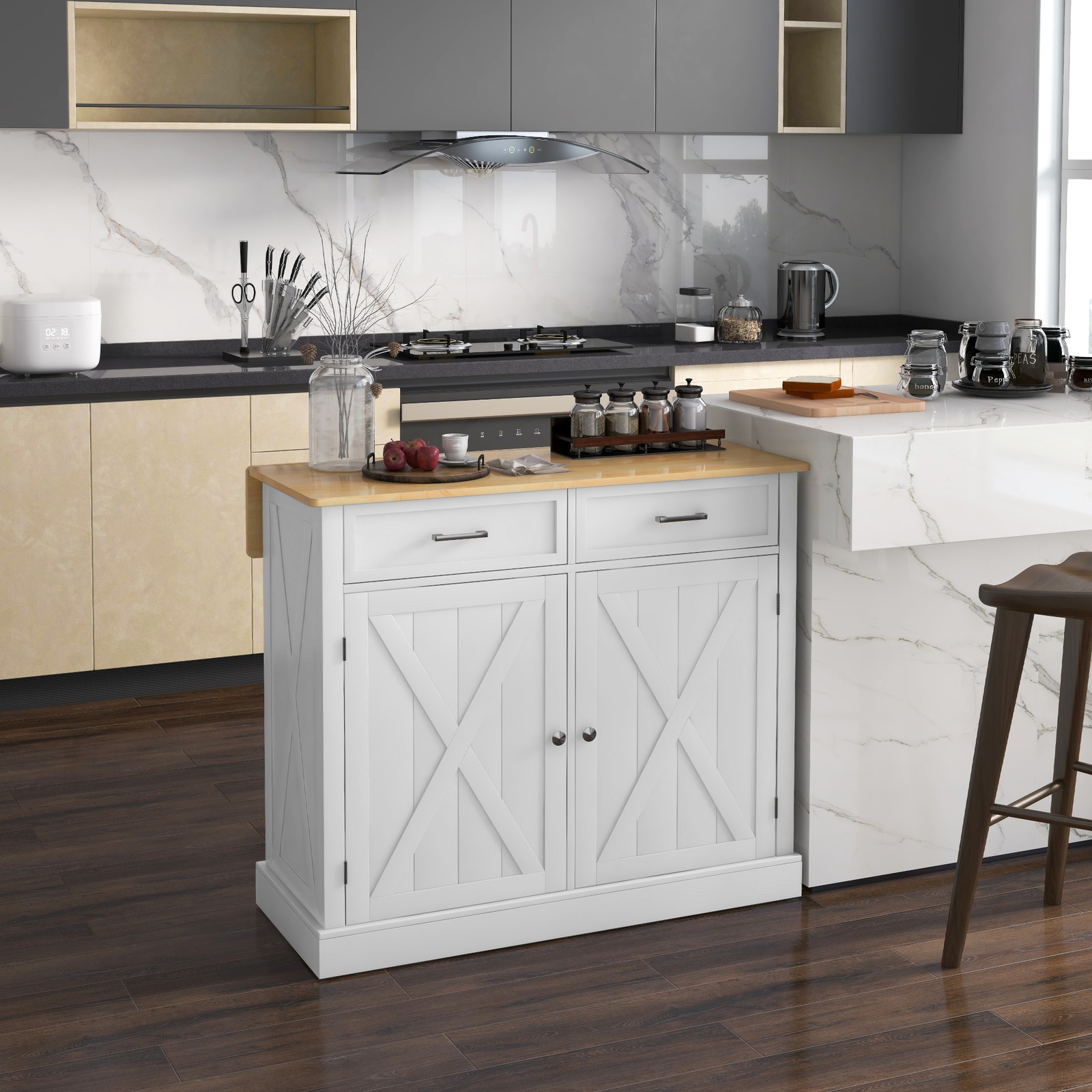 Rolling Kitchen Island with Drop Leaf Wood Breakfast Bar, Farmhouse Kitchen Cart