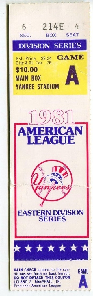 Baseball Ticket ALDS 1981 GM1 New York Yankees D