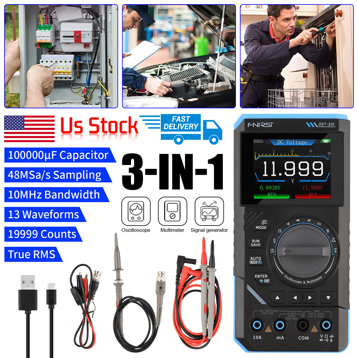 FNIRSI DST210 3-In-1 Handheld Digital Oscilloscope Multimeter Signal Generator