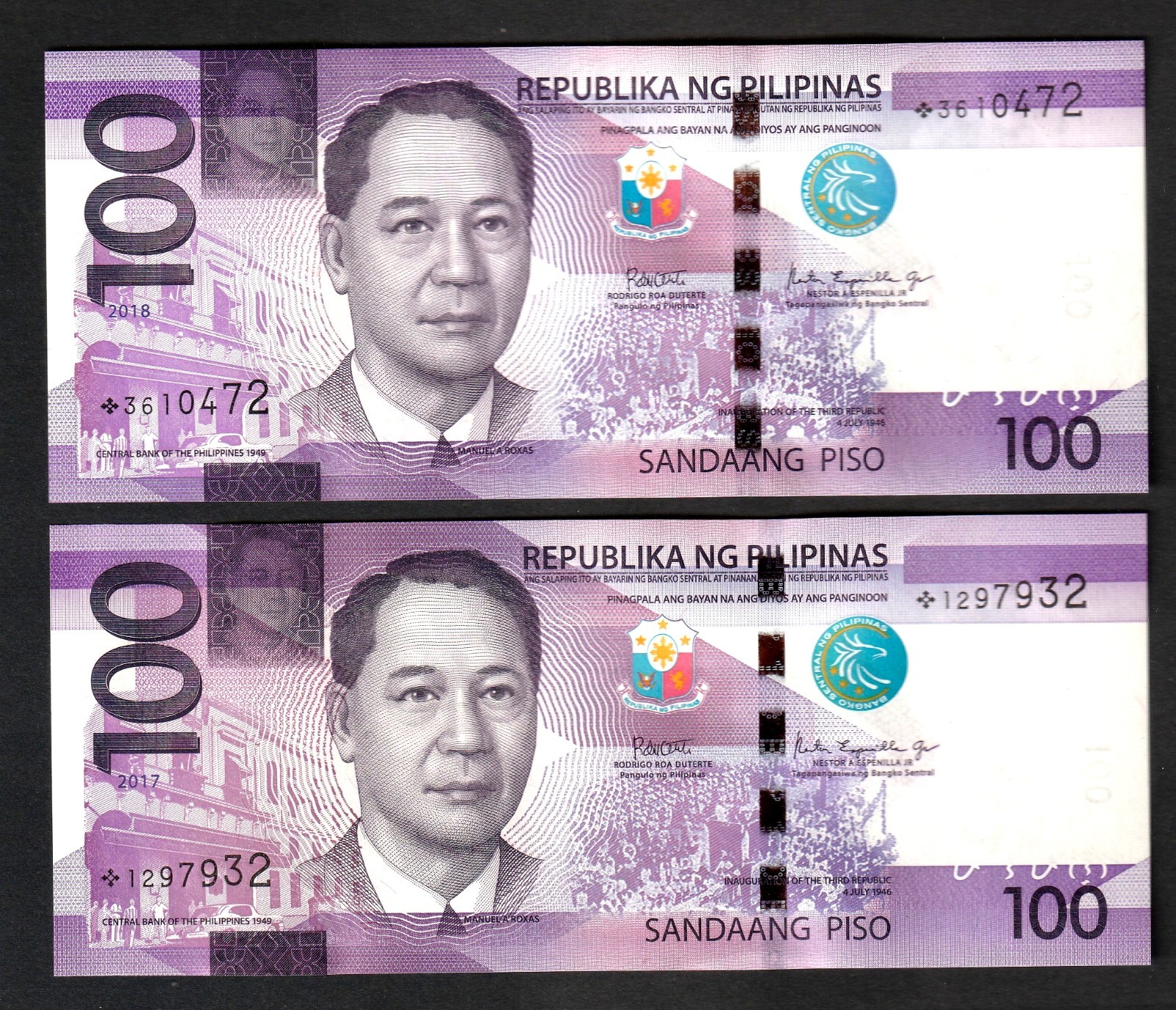 Philippines 100 Piso 2017 + 2028 Star/ Replacement note Uncirculated (2 notes)