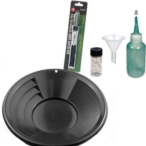 Sluice Monkey 12" Black Gold Pan Panning Kit with Funnel, 4oz Sniffer Bottle &