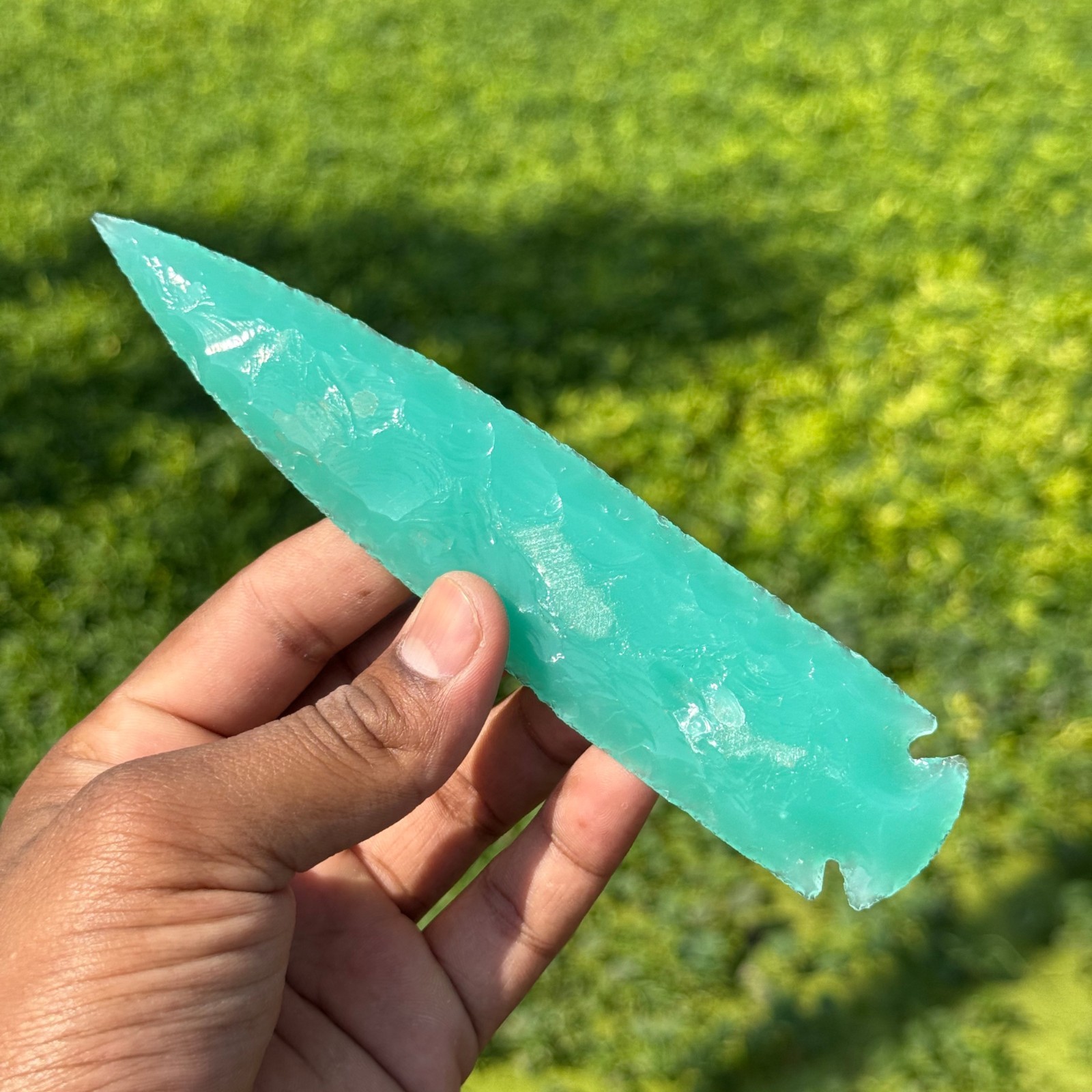 Milky Green Aqua Obsidian Glass Arrowhead Knife – Hand Knapped Crystal Blade