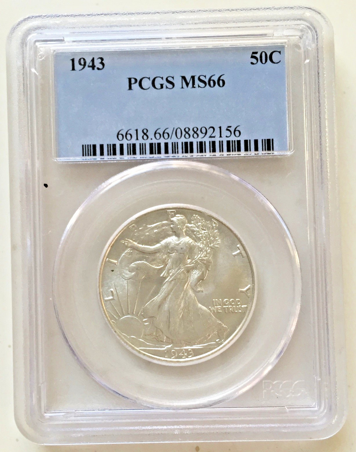 1943 Liberty Walking  Silver Half Dollar MS66 PCGS (Cert.# 6618.66/08892156) Gem