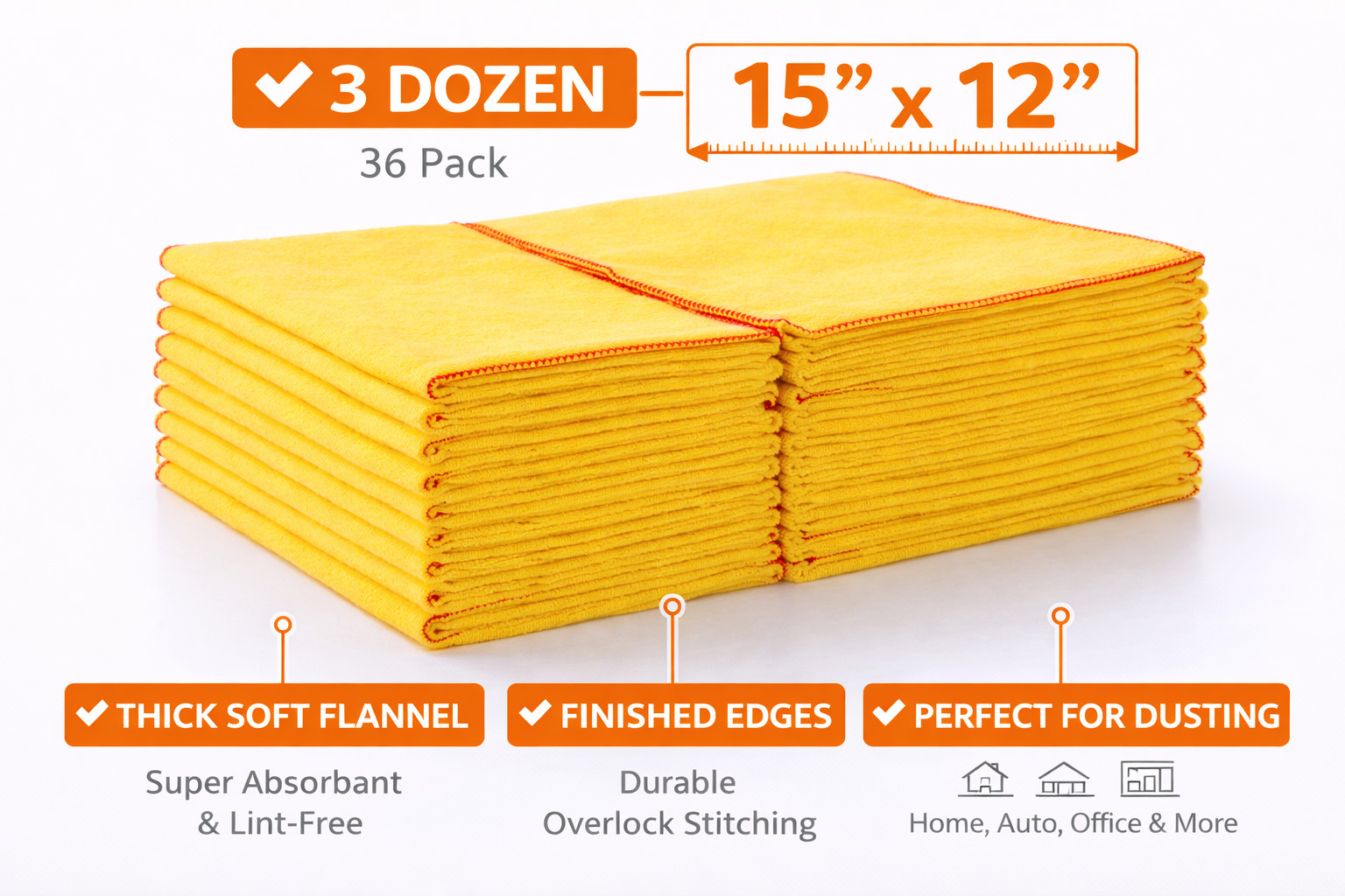 3 Dozens 100% Pure Cotton Yellow Flannel Dusters Cleaning Polishing Cloths