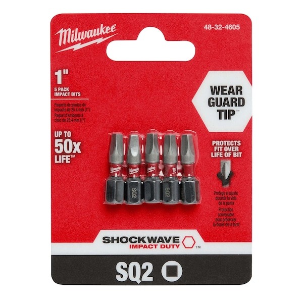 Milwaukee Tool 48-32-4605 Shockwave Impact Square Recess No. 2 Insert Bits (5