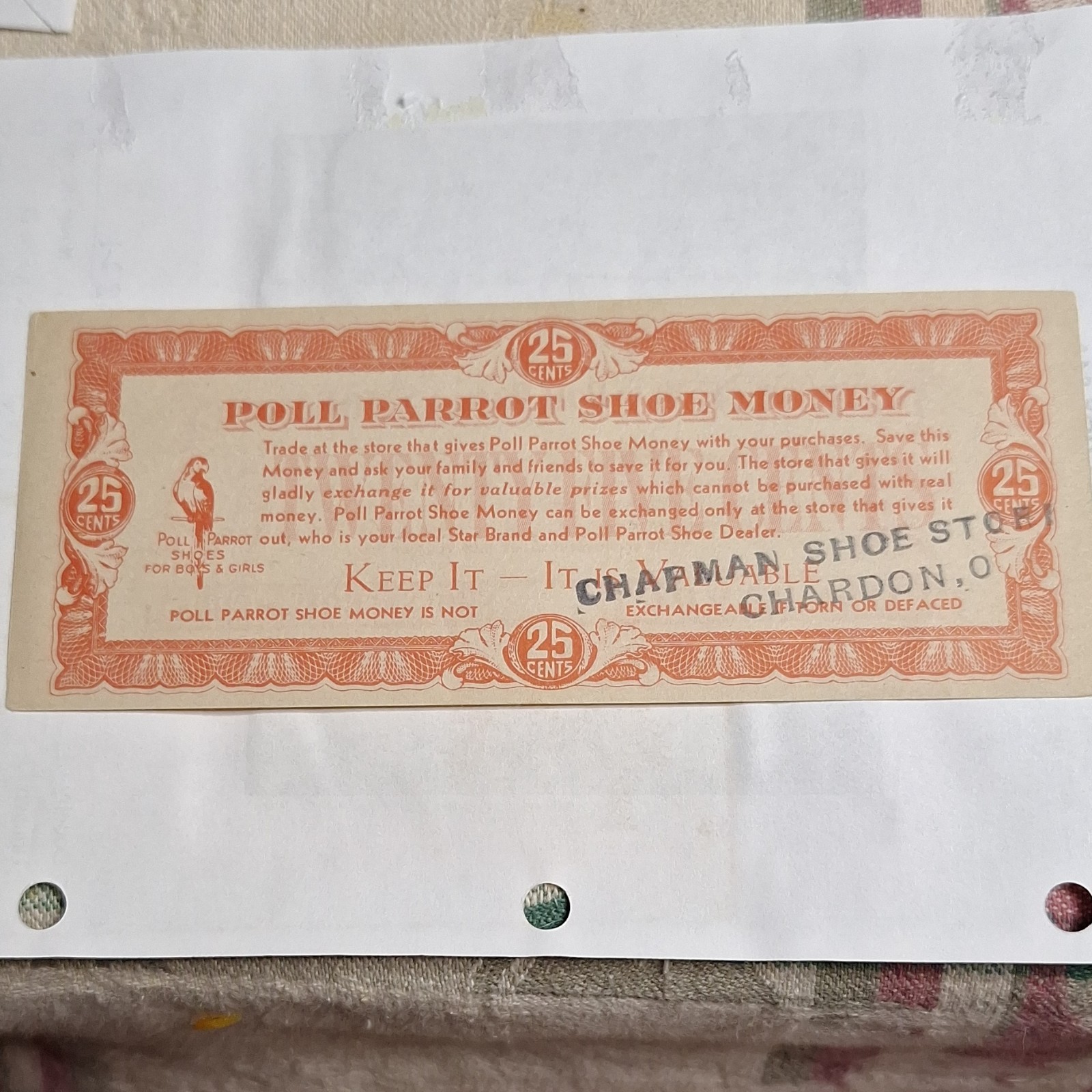 Poll Parrot Shoes Advertising Certificate 25 Cents Chapman Shoe Store Chardon OH