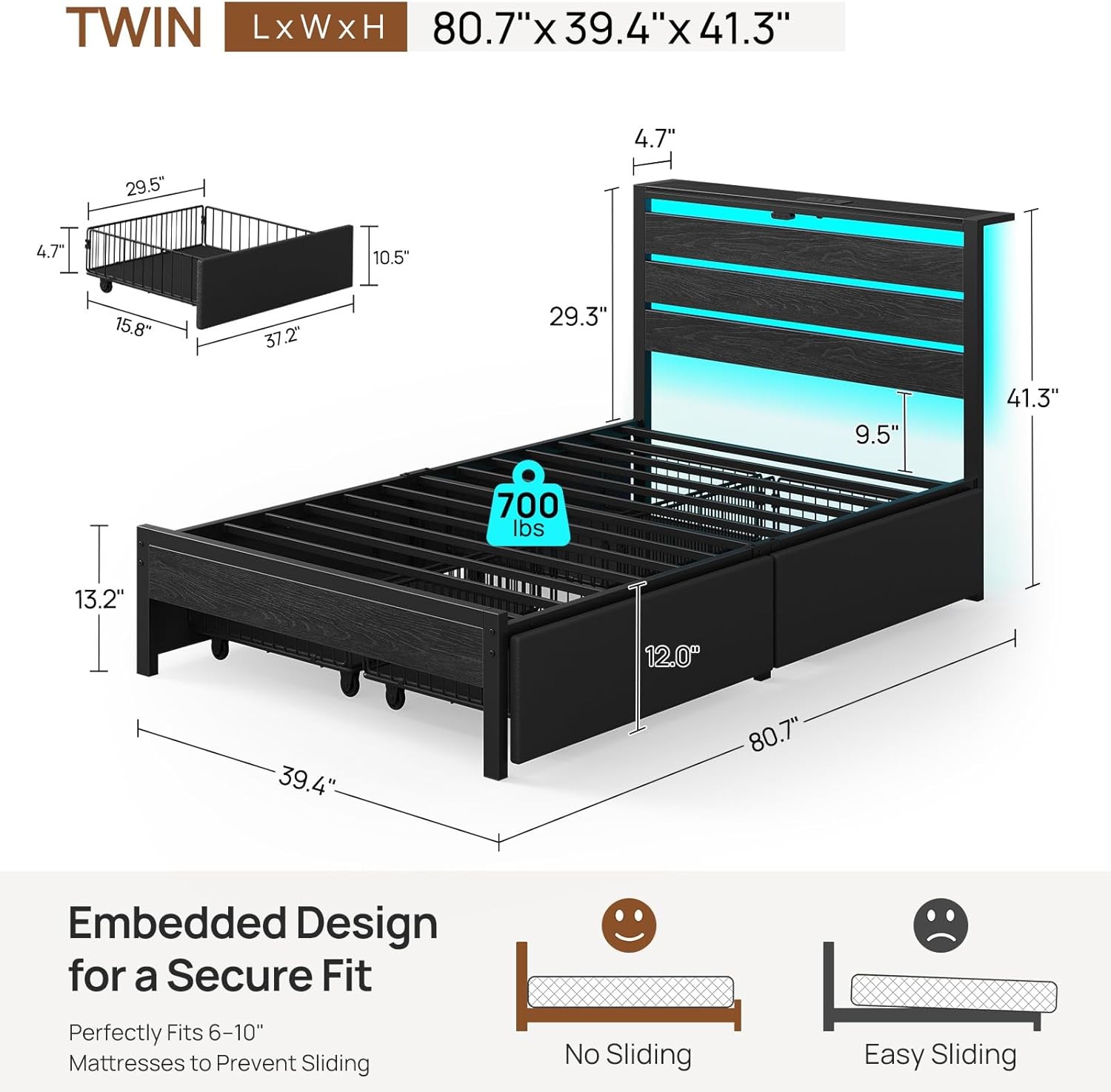Twin Bed Frame with Storage Drawers LED Headboard