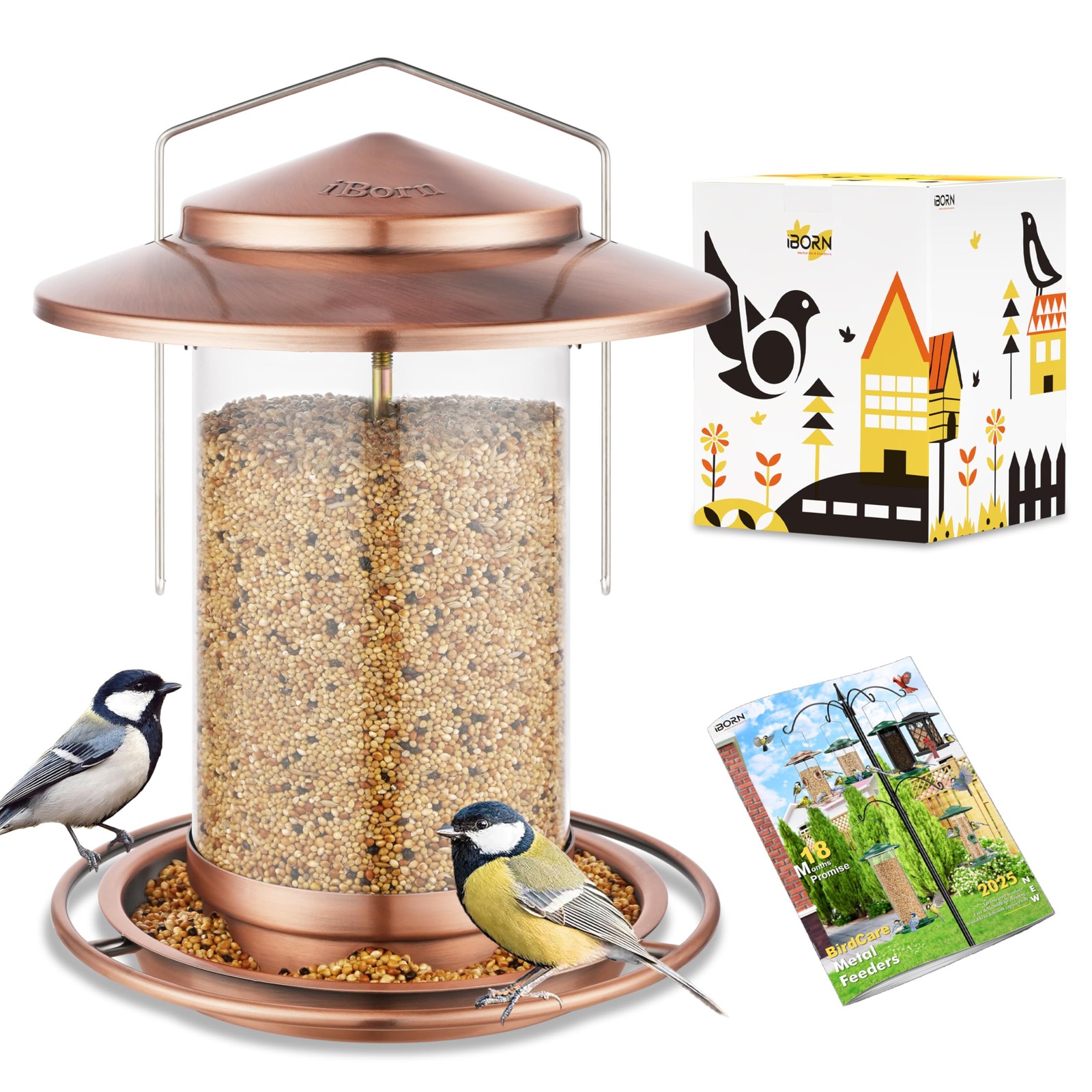 iBorn Bird Feeders for Outdoors 6Port,2.2lb,PC tube, Brushed Copper