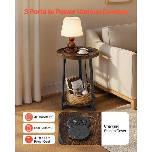 End Table, 2-Tier Round Side Table with Open Storage Shelves, Modern Nightstand