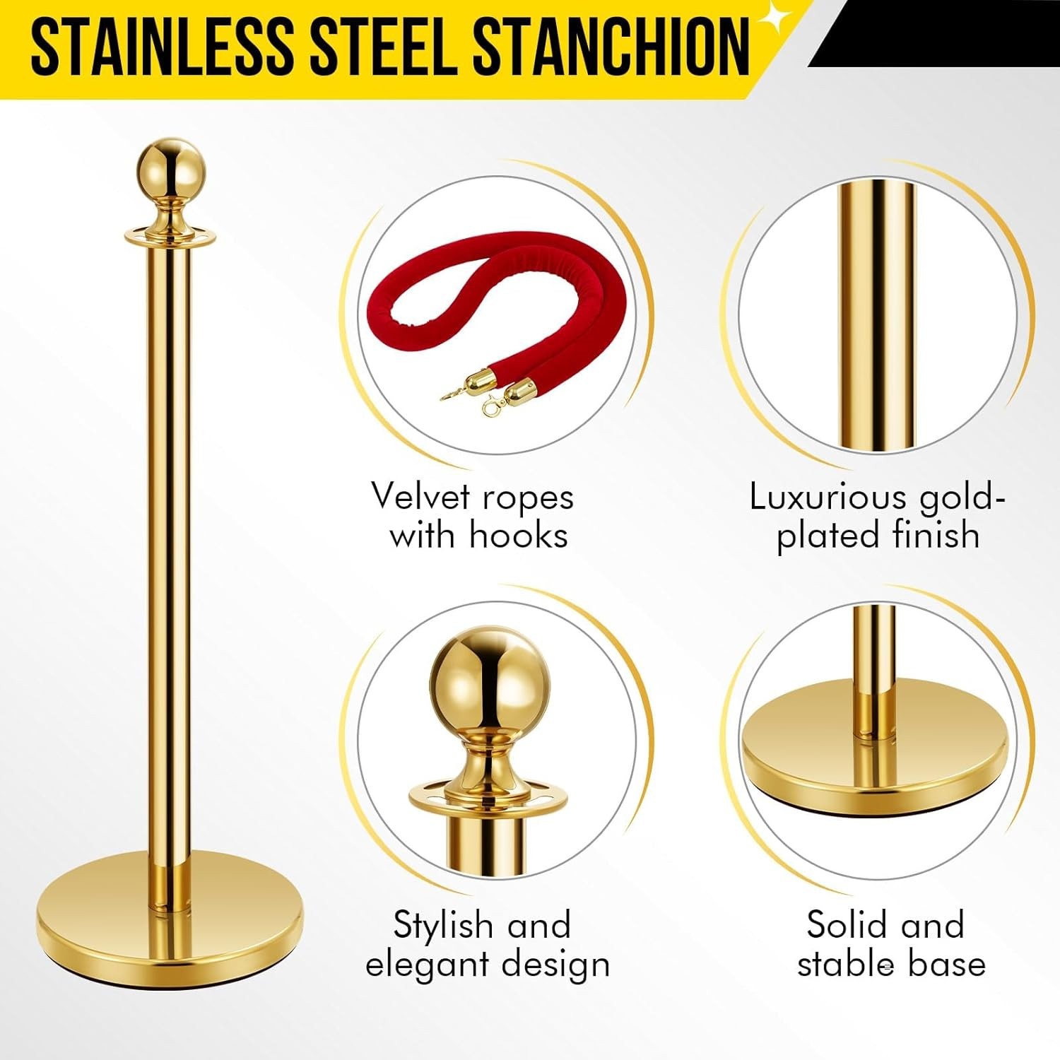 8 Gold Stanchions Queue Post with 6 Red Velvet Ropes For Event & Crowd Control