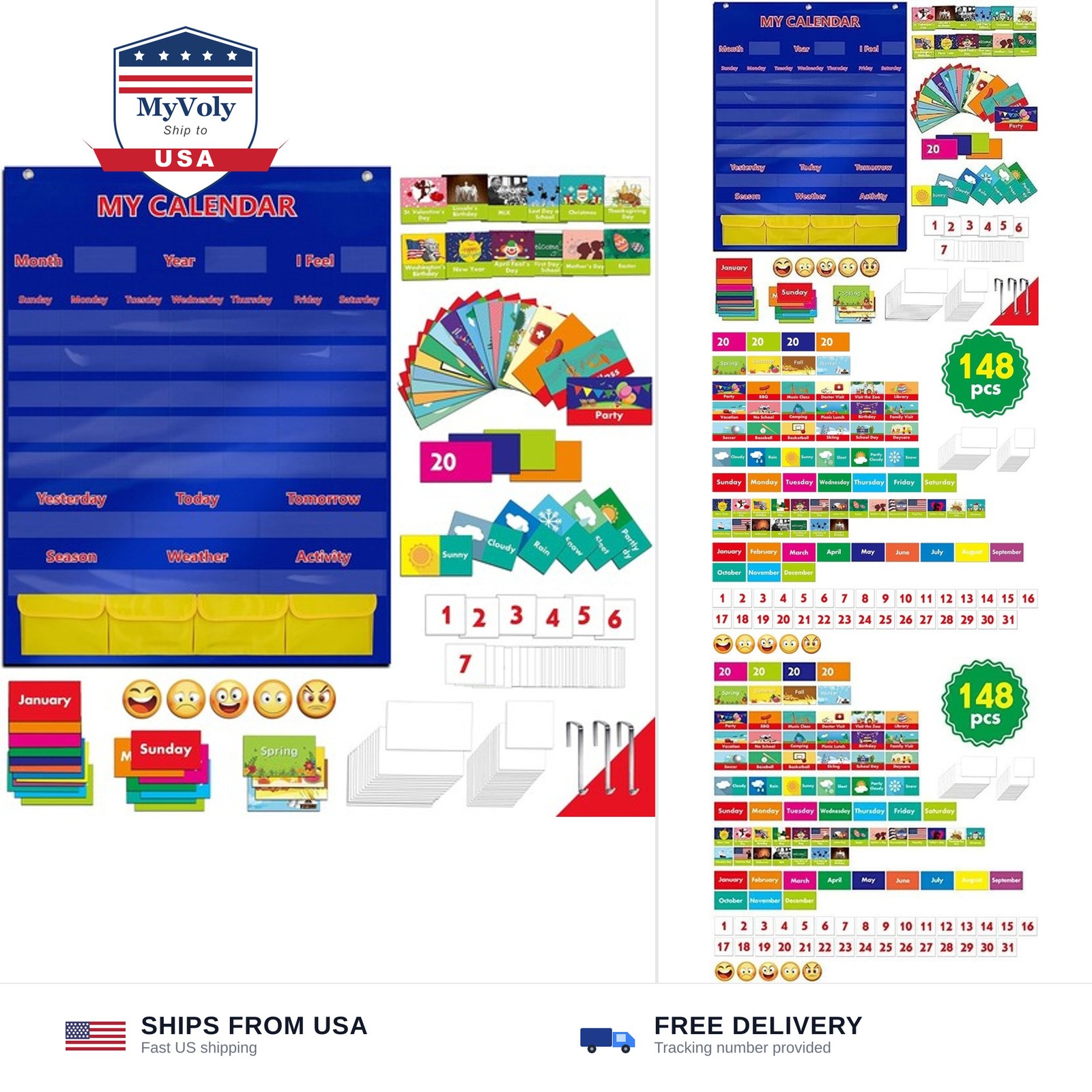 SpriteGru Calendar and Weather Pocket Chart with 148 Cards,(108 Illustrated A...