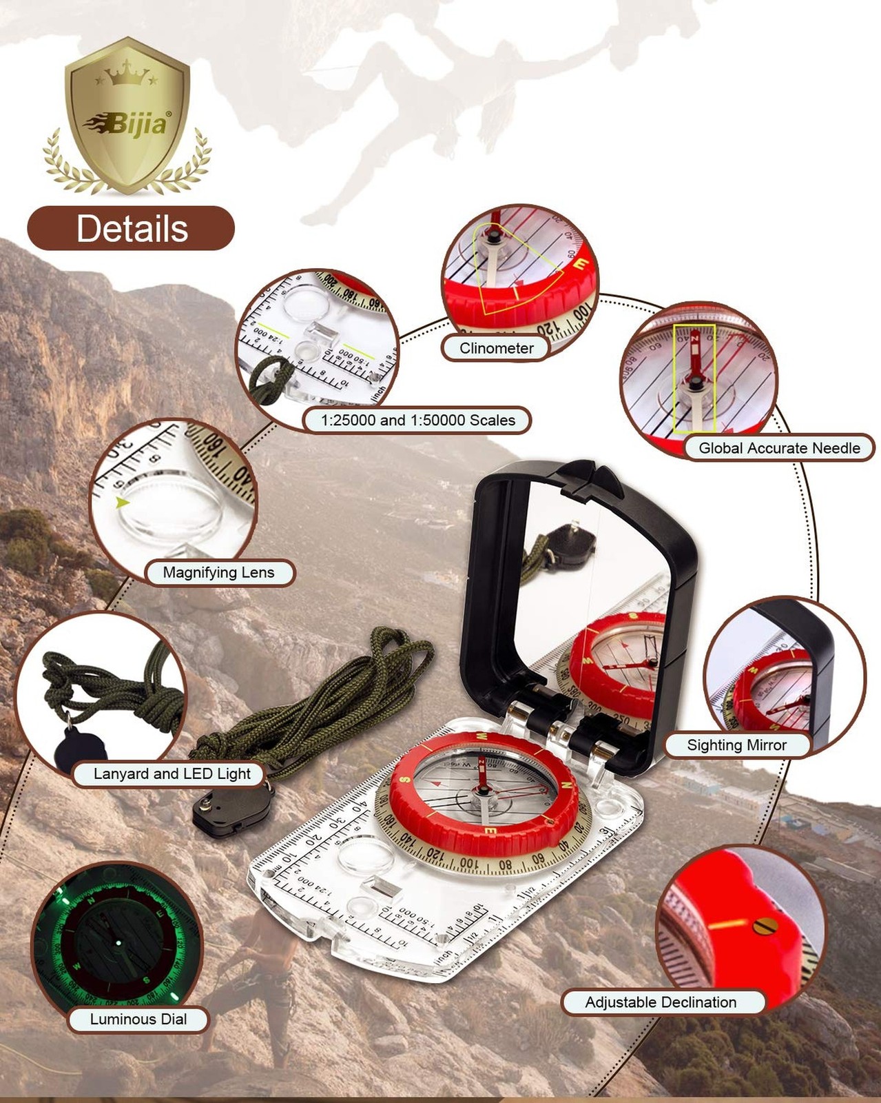 BIJIA Orienteering Map Compass -Sighting Mirror Compass with Adjustable Decli...