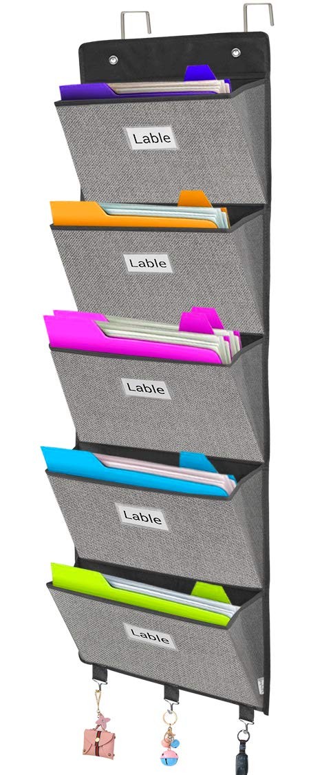 Over The Door Hanging File Folder Organizer 5 Large Pocket Mail Magazine Grey