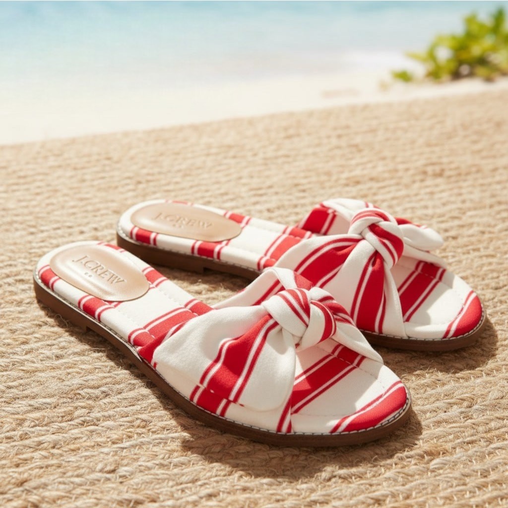 J.Crew Red Ivory Stripe Print Cotton Upper Knot Slide Sandals, US8.5