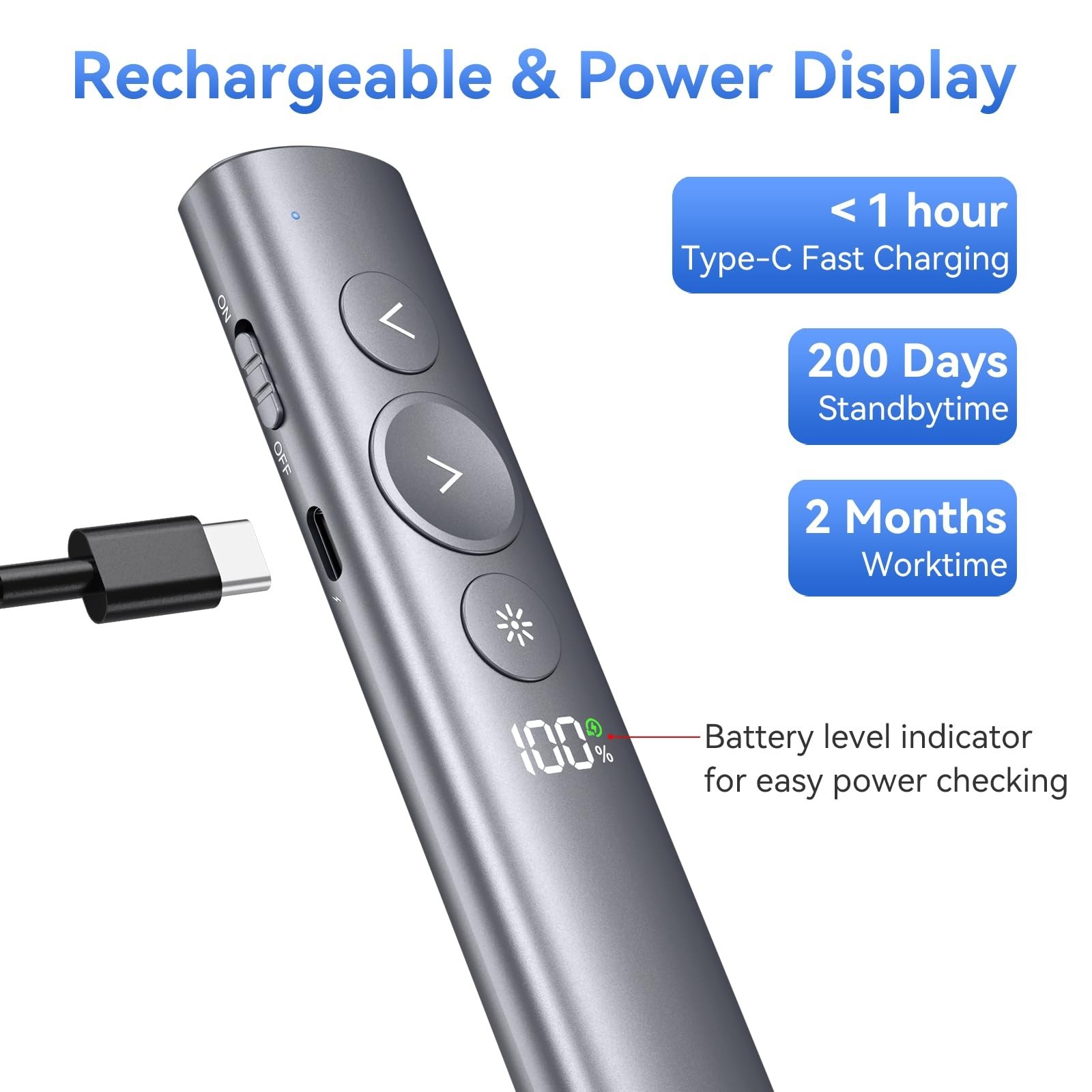 Rechargeable Wireless Presentation Clicker with Green Laser Pointer, USB-A & USB