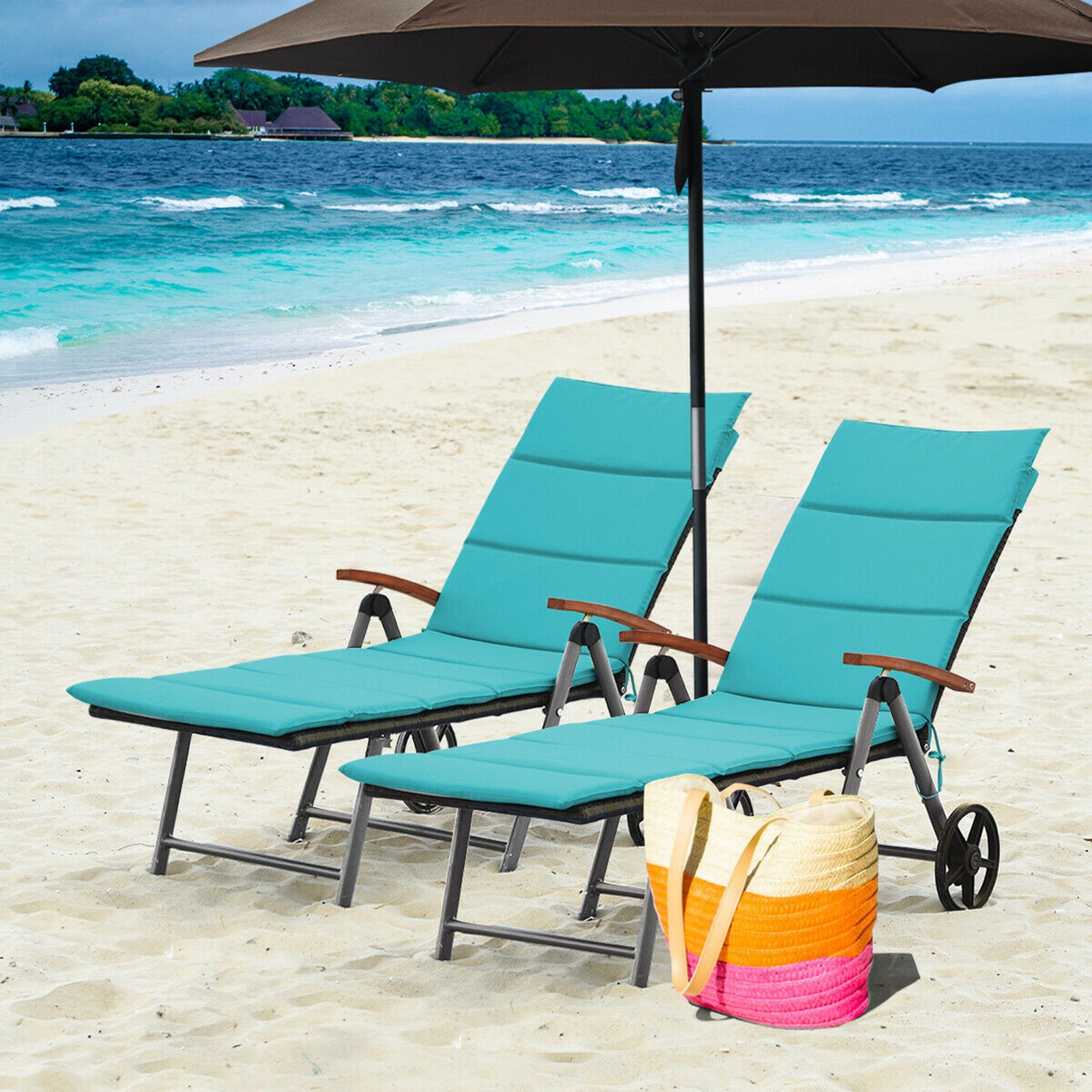 2PCS Folding Patio Rattan Lounge Chair Cushioned Aluminum Adjust Wheel Turquoise