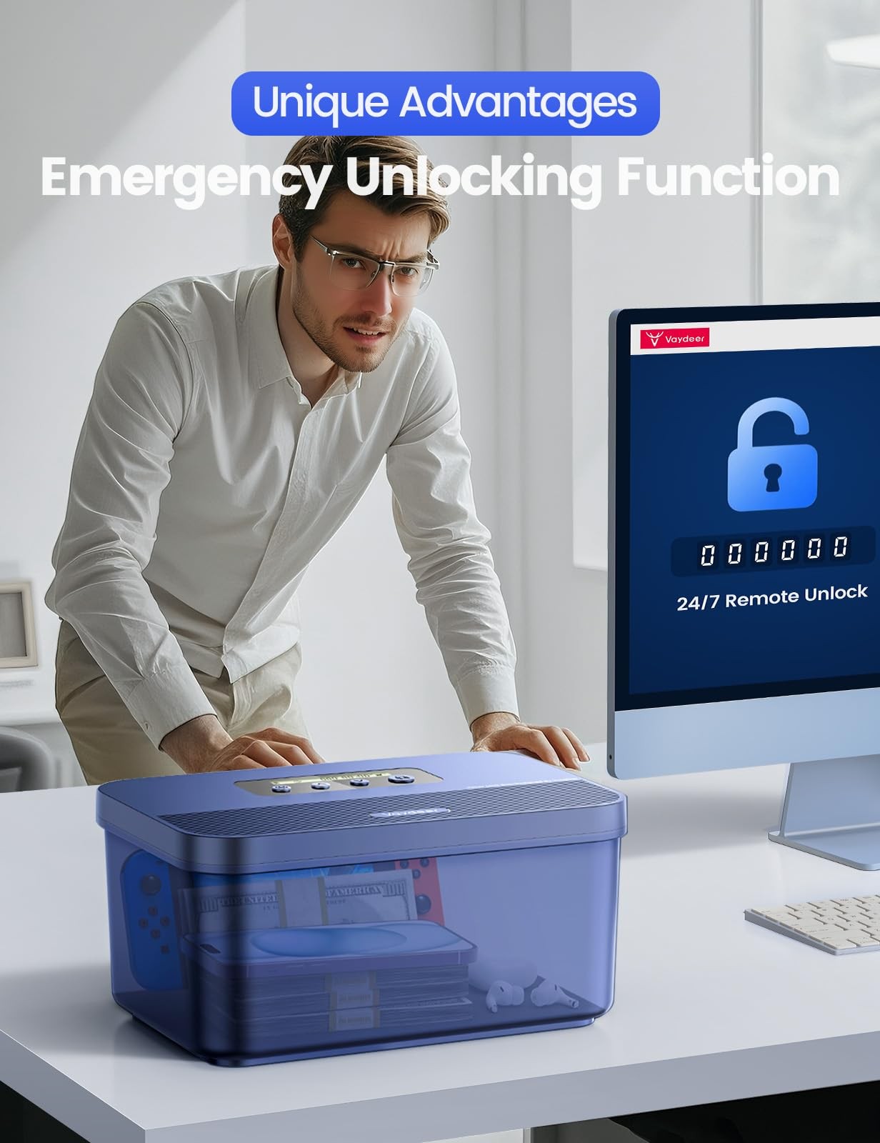 Vaydeer Safe Timed Lock Box, Phone Box with Timer Unplug Standard, Blue