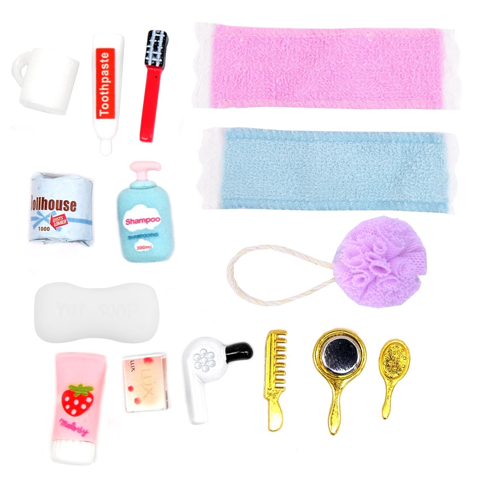 15 PCS Mini Bath Accessories for Dollhouse Decoration, Miniature Toothpaste T...