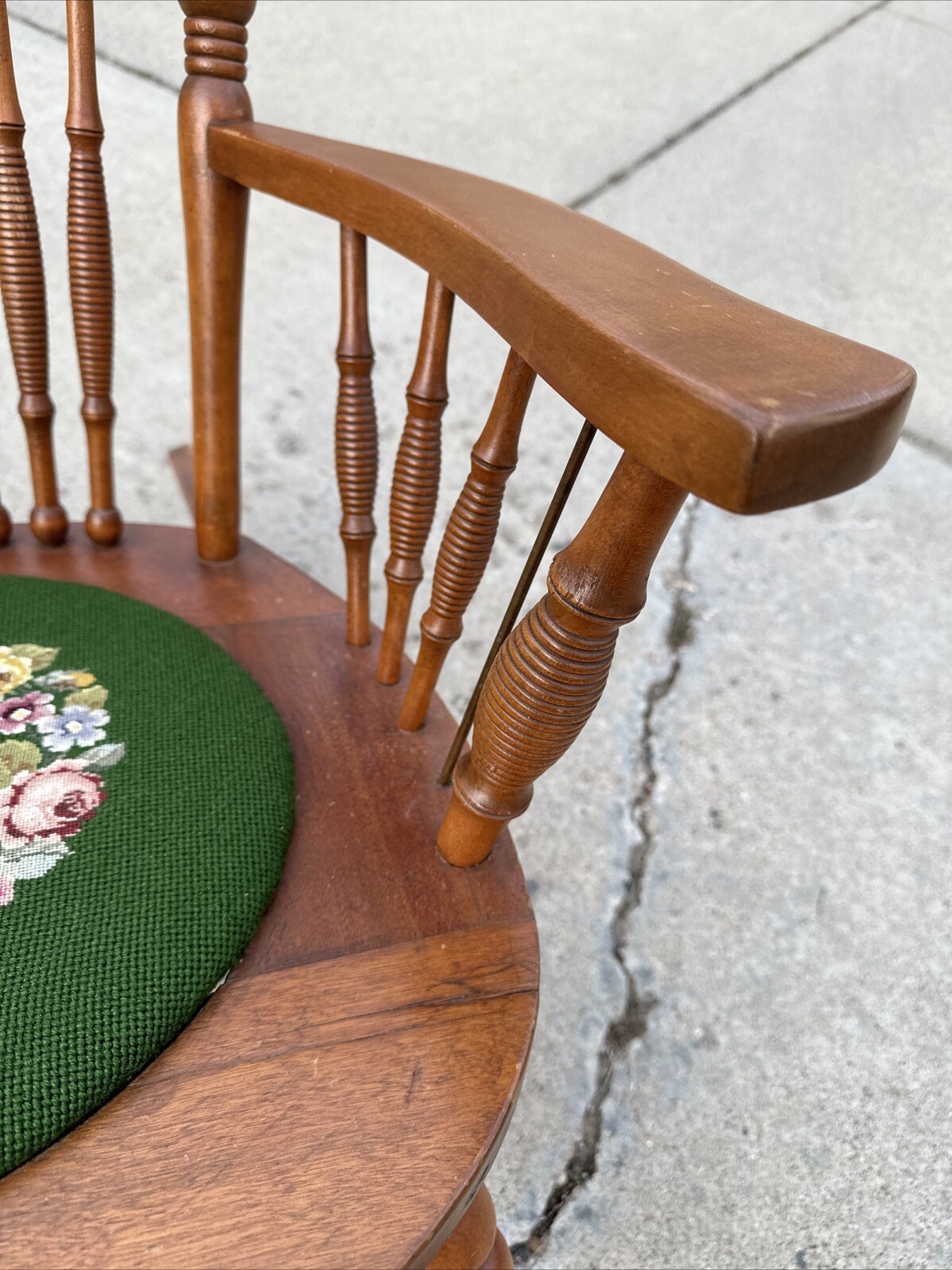 Vintage Victorian Rustic Maple Wood Spindle Back Needlepoint Seat Rocking Chair