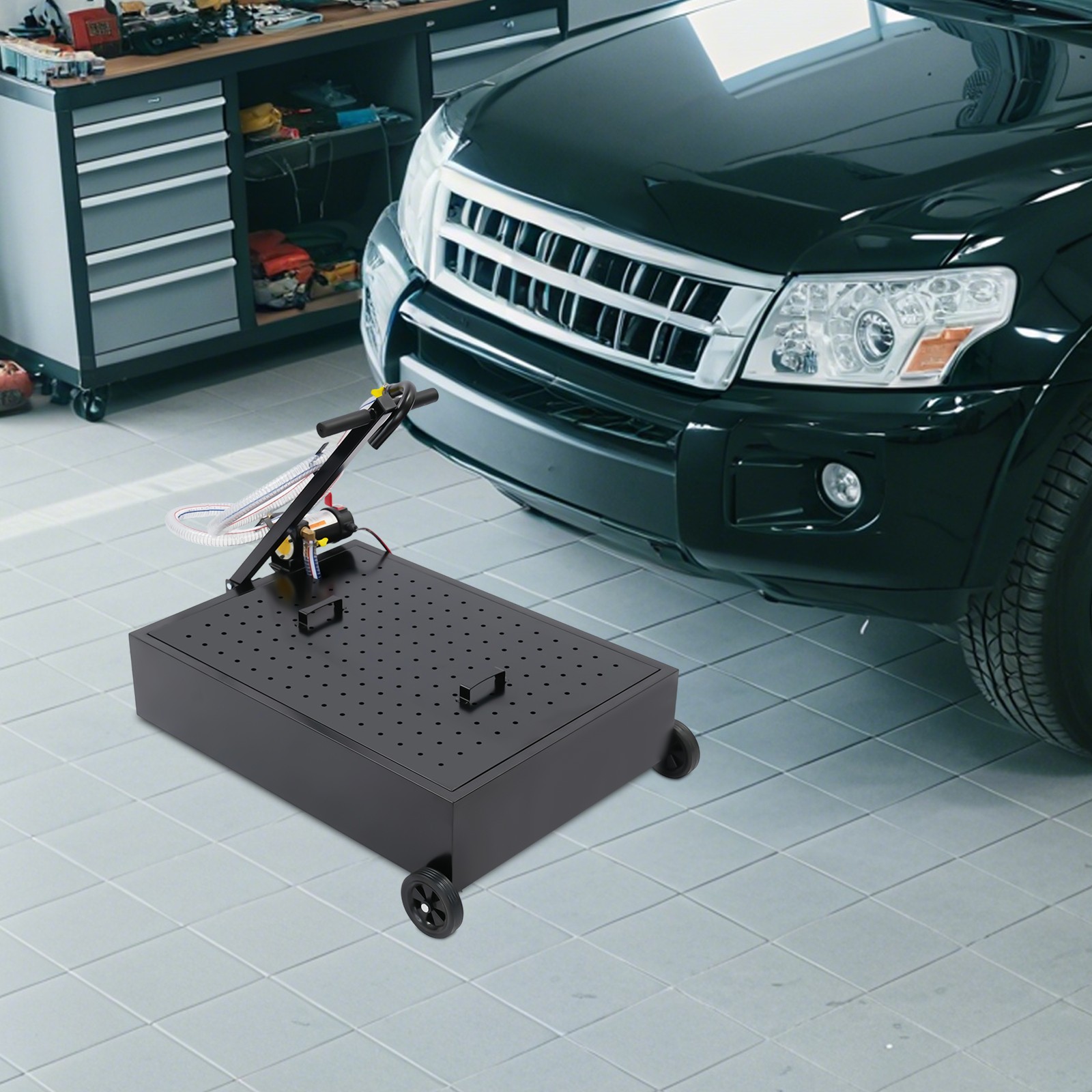 Large 17-Gallon Oil Drain Pan with Manual Pump & Hose for Easy Use