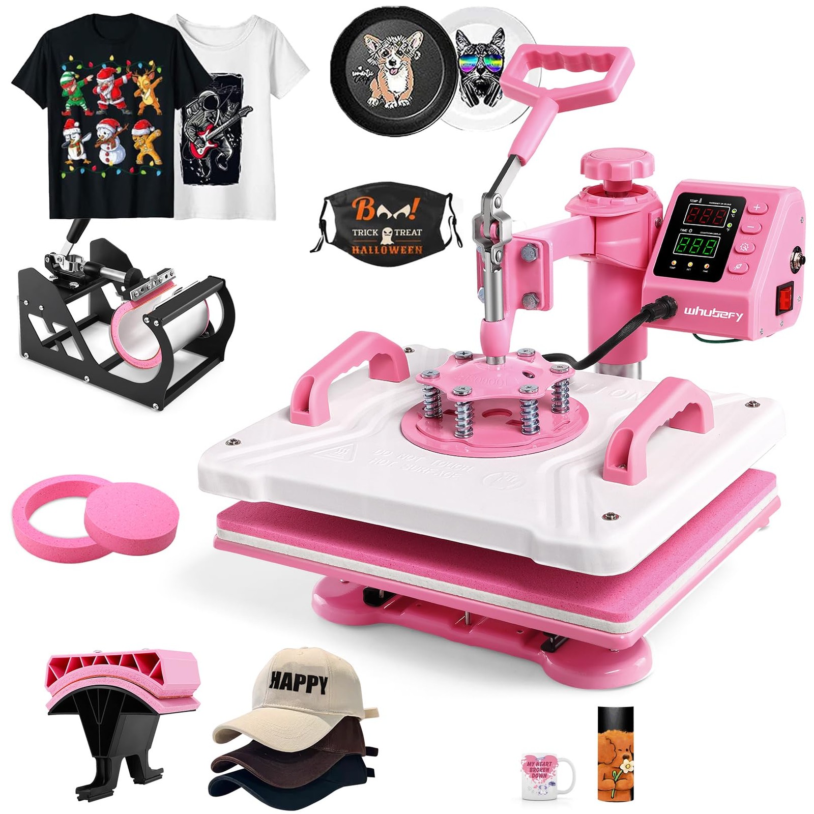 Whubefy Heat Press 12x15, 5 in 1 Machine 360° Swing Away, Pink