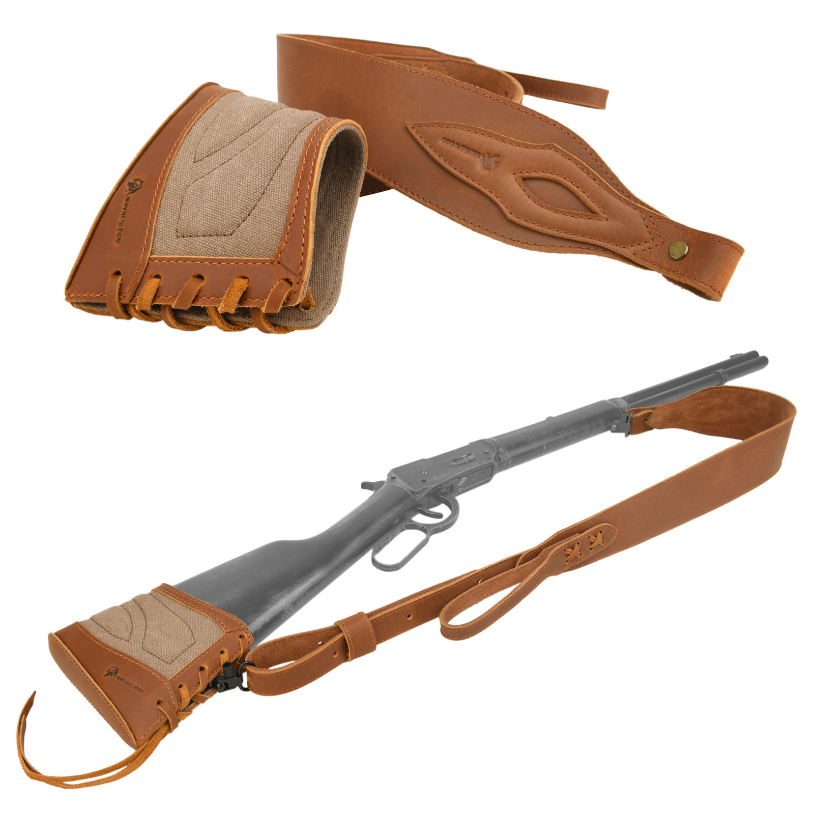 Combo of Canvas Leather Rifle Recoil Cover Buttstock with Gun Sling + Swivels