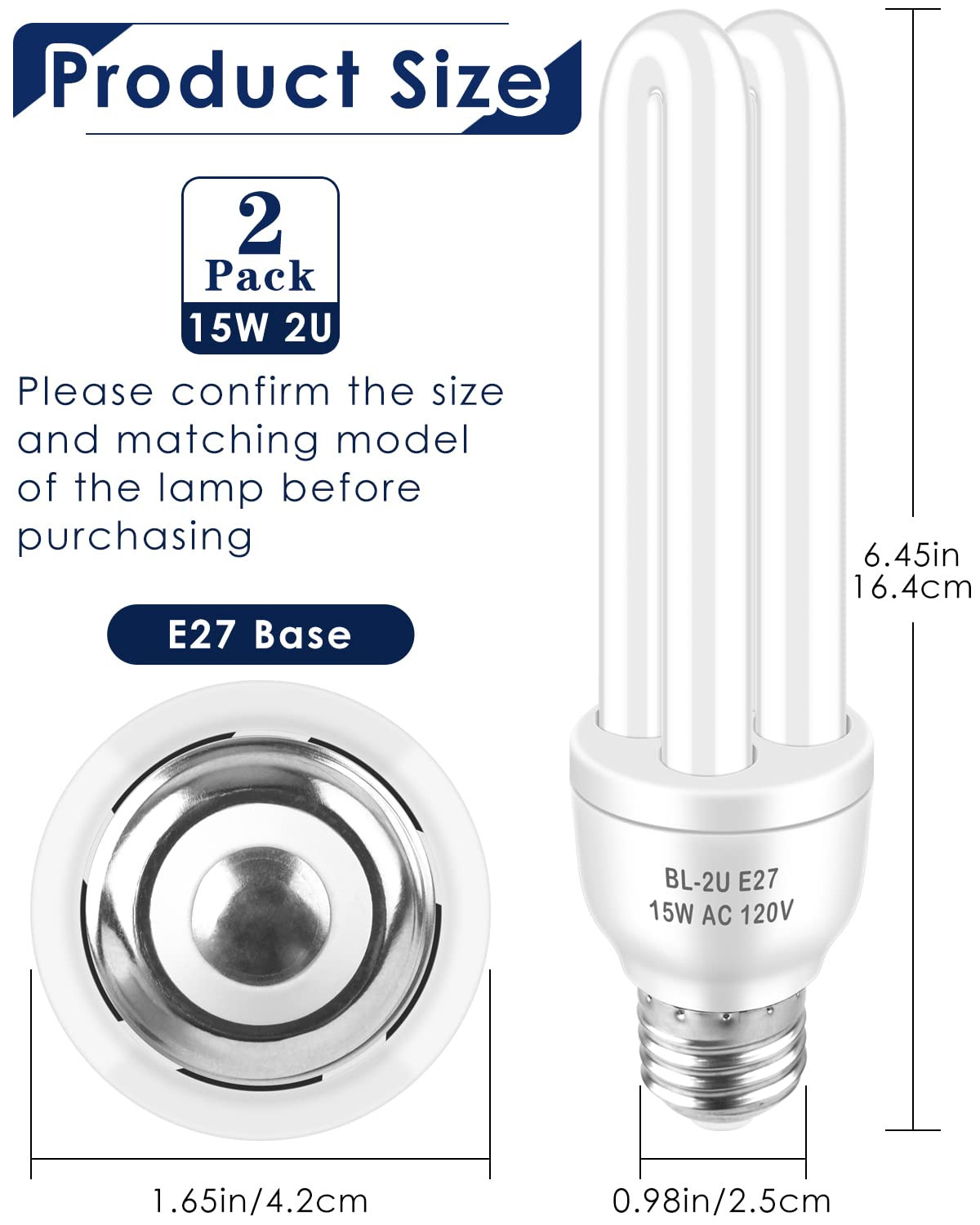 E27 15W 2U Type Bulb, 2 Pack, Compatible with Most Models Indoor Outdoor Lamp