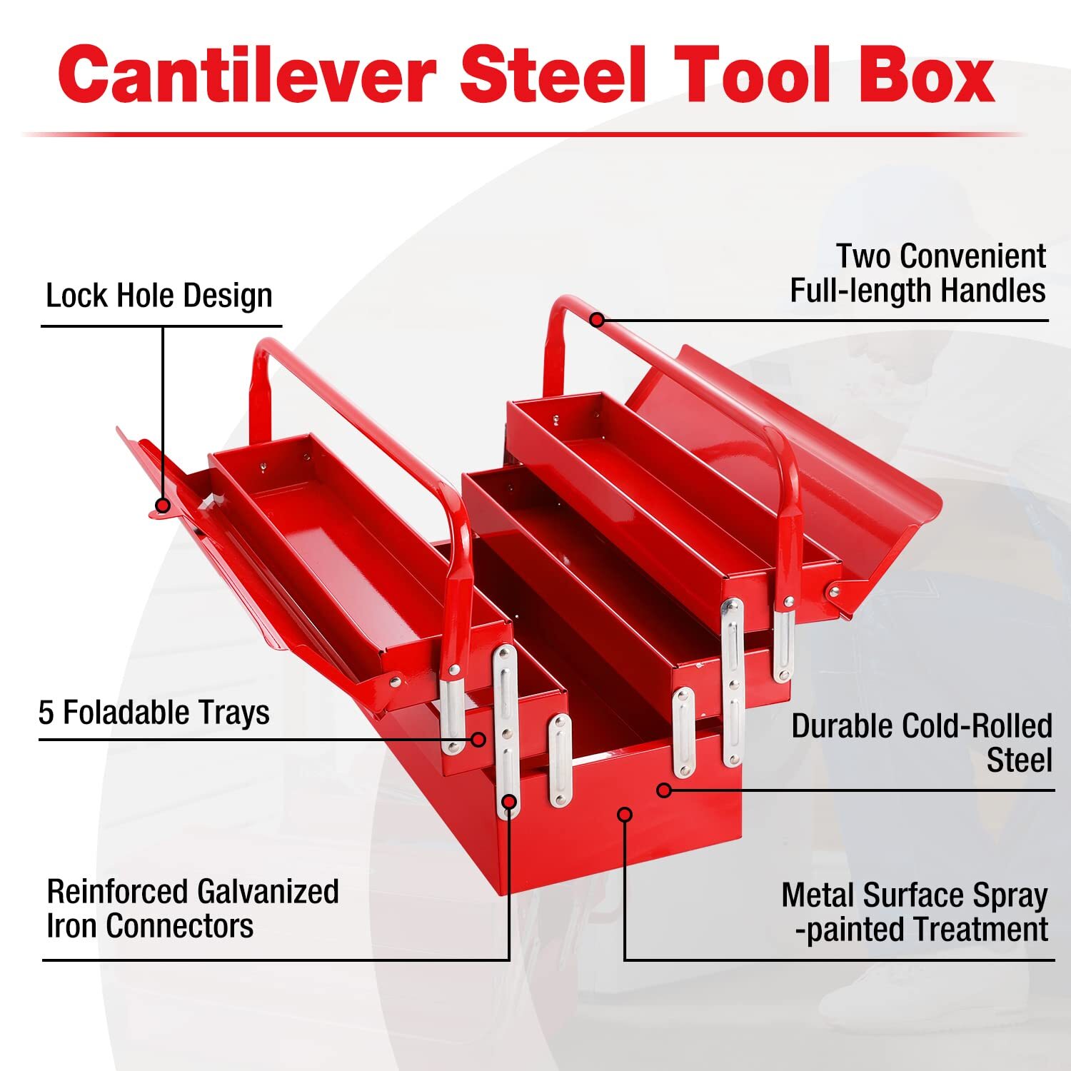 WORKPRO Metal Tool Box 18'' Cantilever Folding Red Storage Box 3-Layer 5-Tray