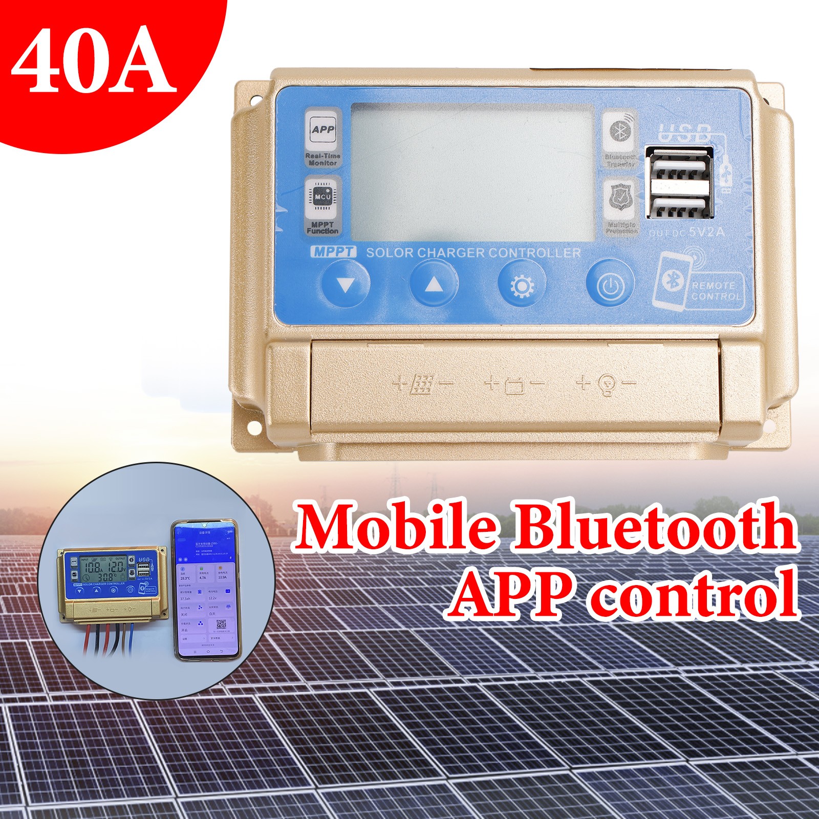 40A MPPT APP Solar Charge Controller Charger Fits 12V/24V LiFePO4 Battery Gold