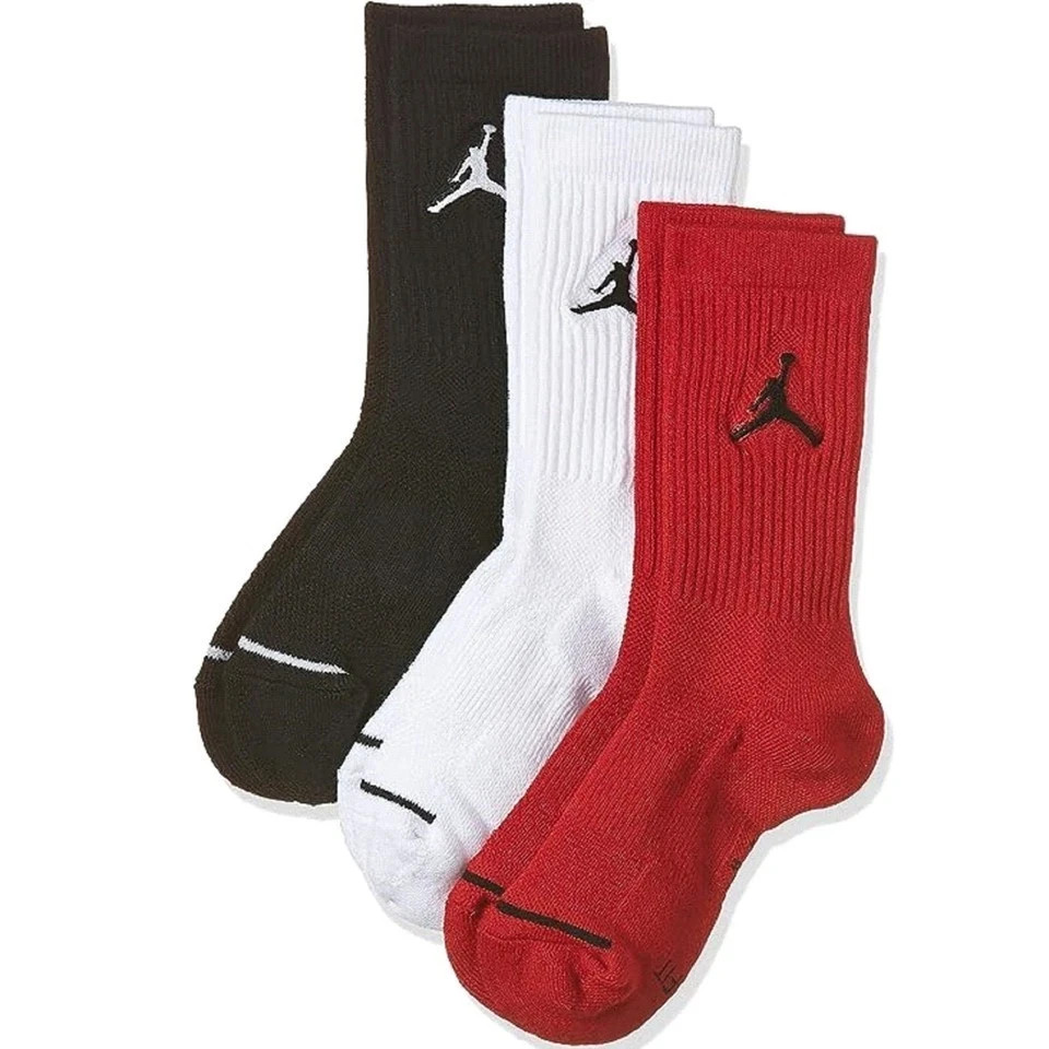 Nike Jordan Men's Crew Socks 3 Pairs Black White Red Size L Cushioned Dri-FIT