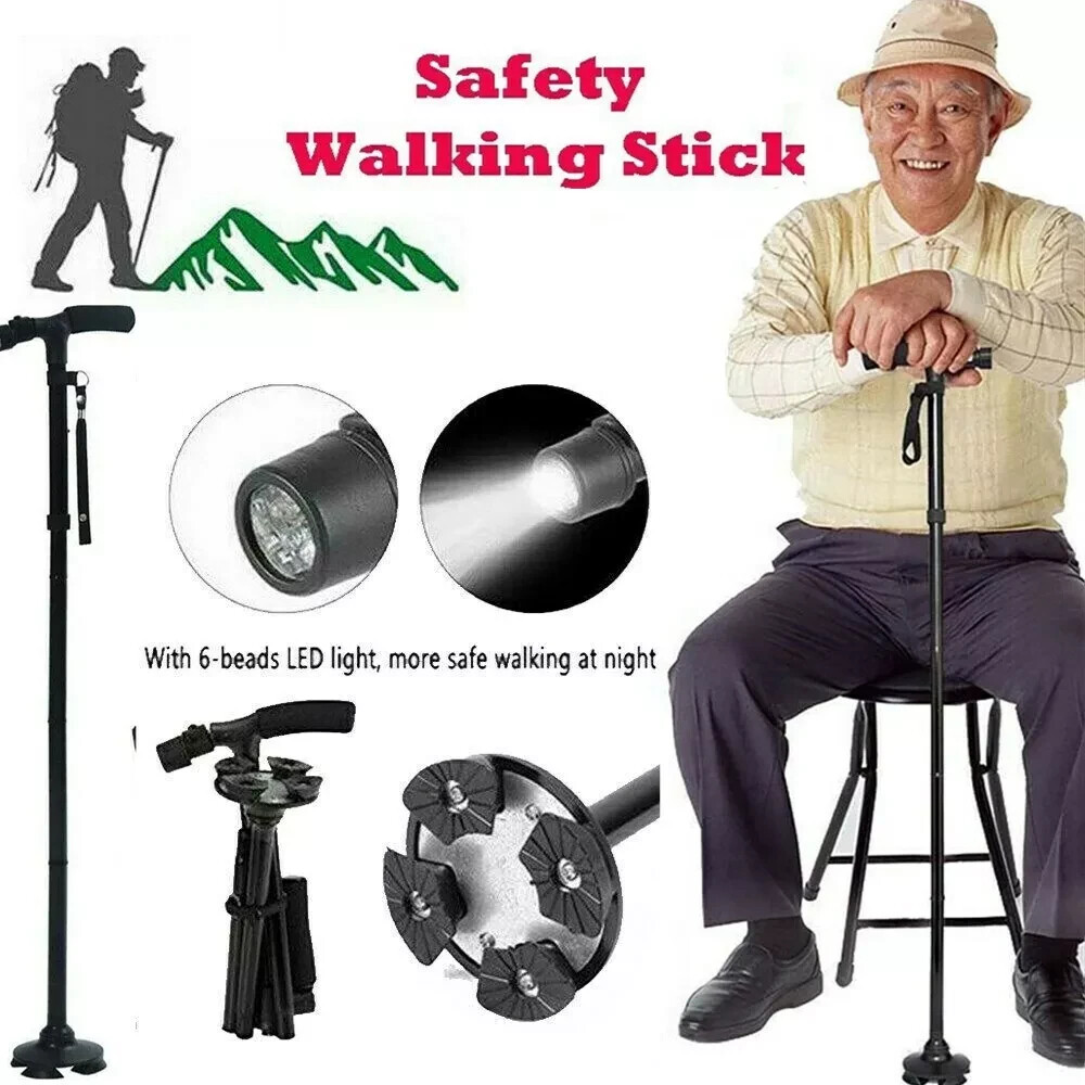New Folding Walking Cane with LED Light, Adjustable Walking Stick with Carrying