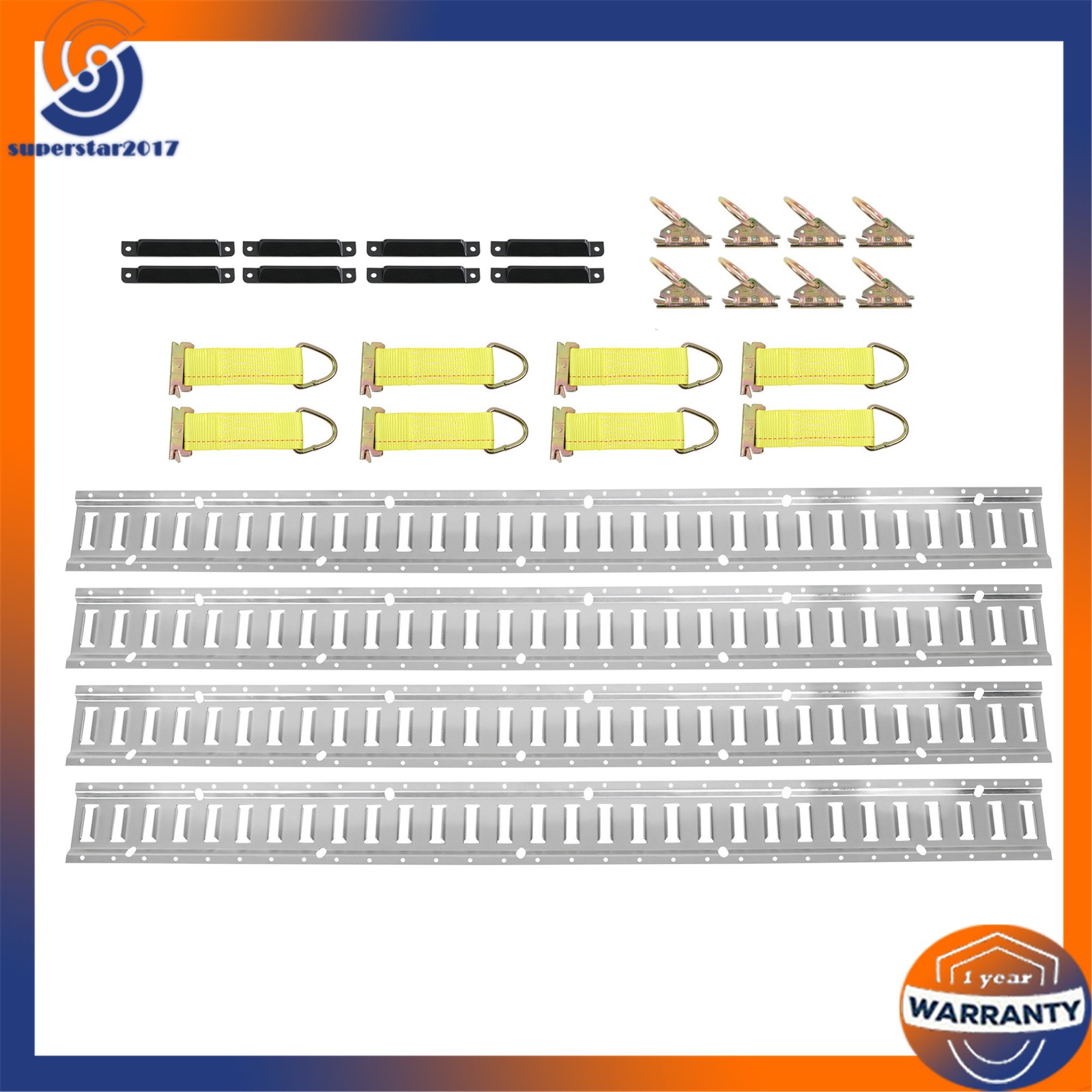 28PCS E-Track Kit 4x 5' Rails 8x Caps Straps O Rings Galvanized Silver