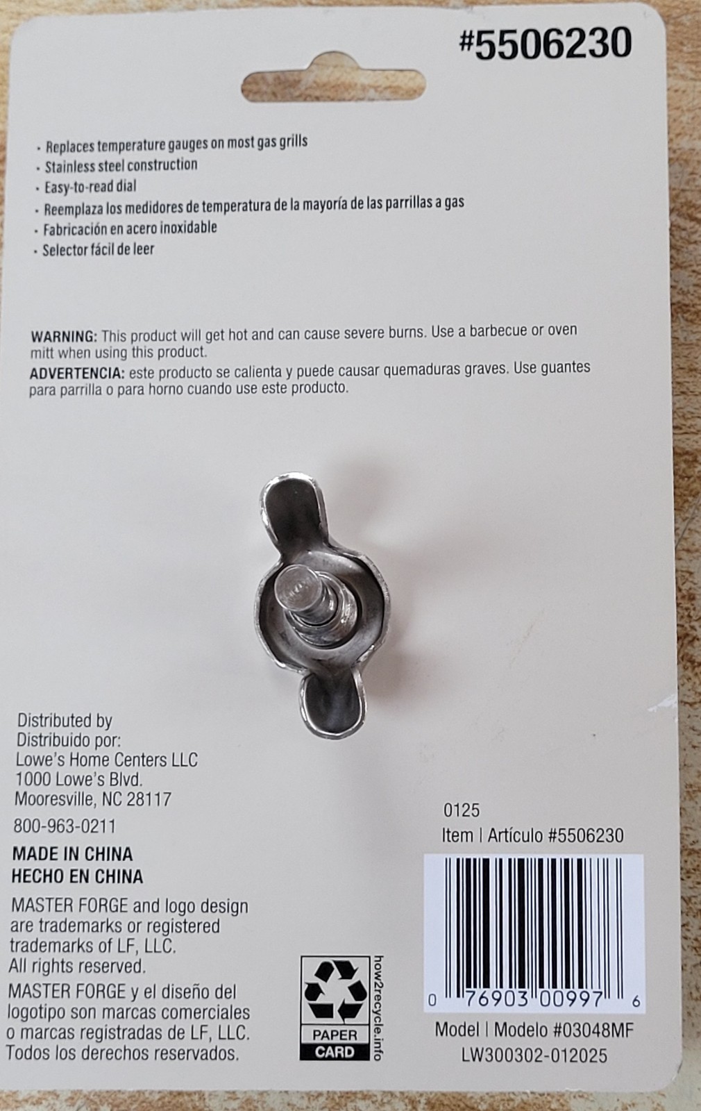 Brand New Master Forge Universal Fit Round Grill Thermometer