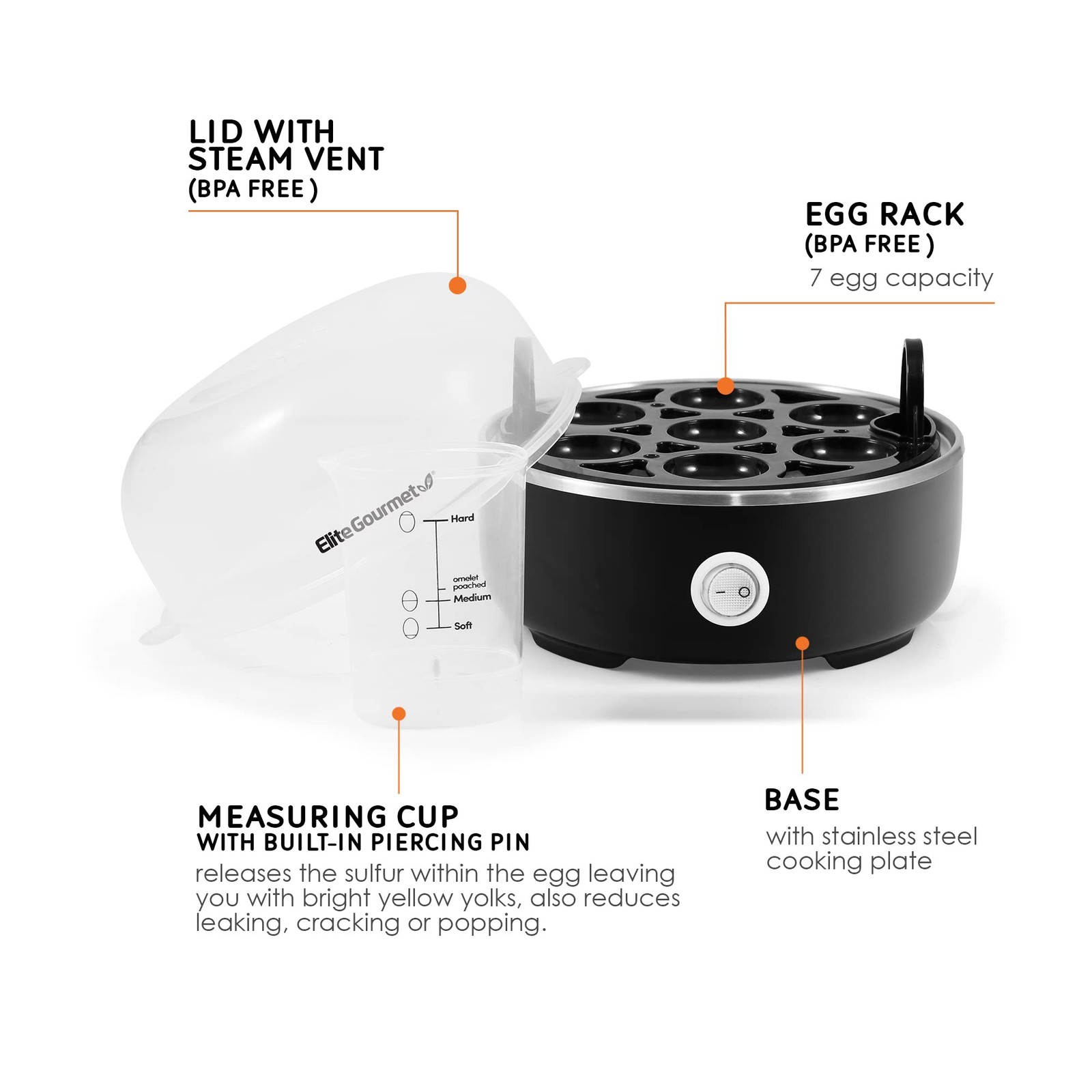 Elite Gourmet EGC115B Easy Egg Cooker Electric 7-Egg 7 Egg, Classic Black